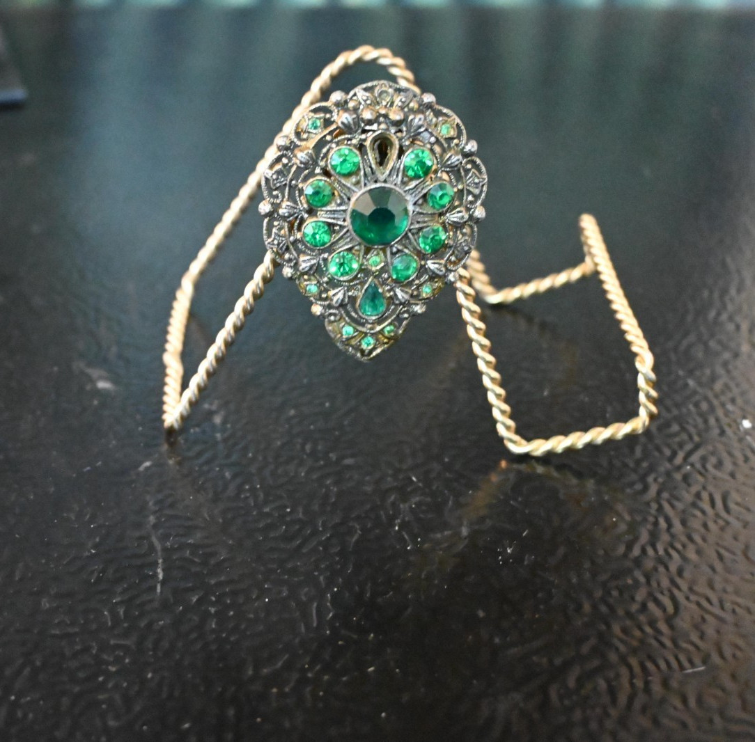 New England Glass Work vtg Brooch Pin Green Rhinestones Filigree Marked Read