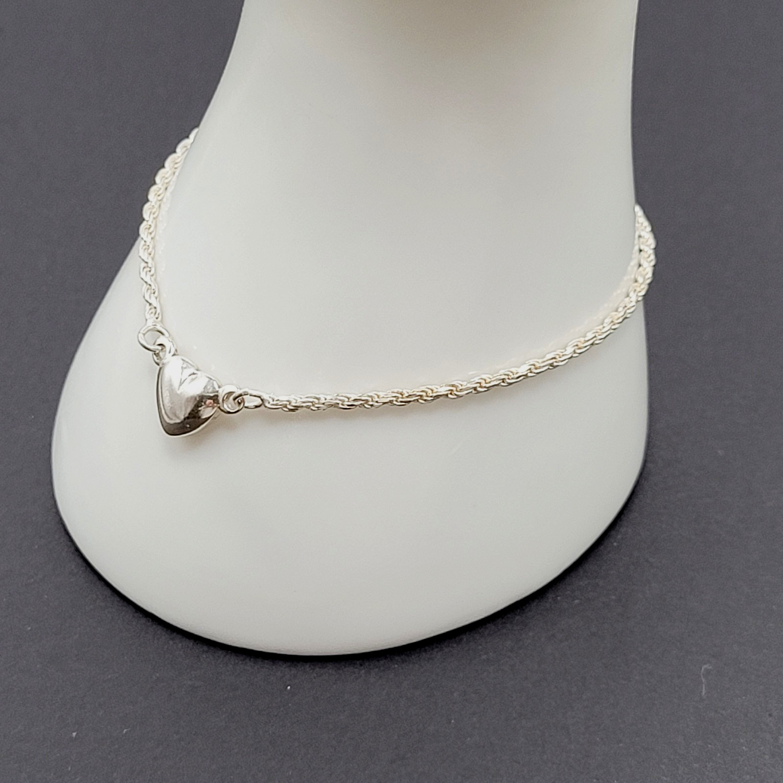 Minimalist Dainty Puffed Heart Station 925 Sterling Rope Chain Bracelet 7.25 in