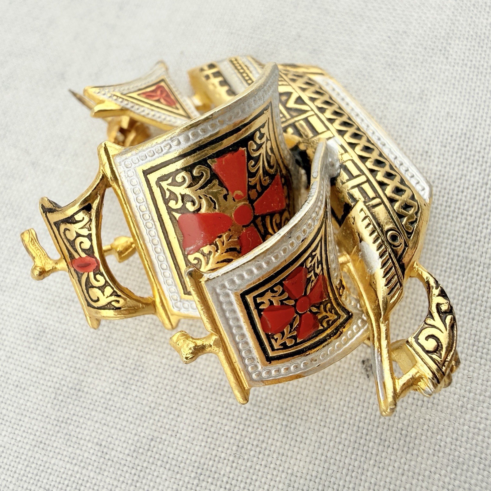 Vintage Spanish Ship Brooch Pin Damascene Sailing Galleon Gold Tone Nautical Art