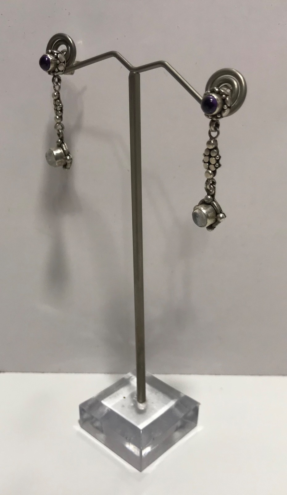 Vtg Sterling Silver 925 Amethyst & Labradorite Post Dangle Drop Earrings