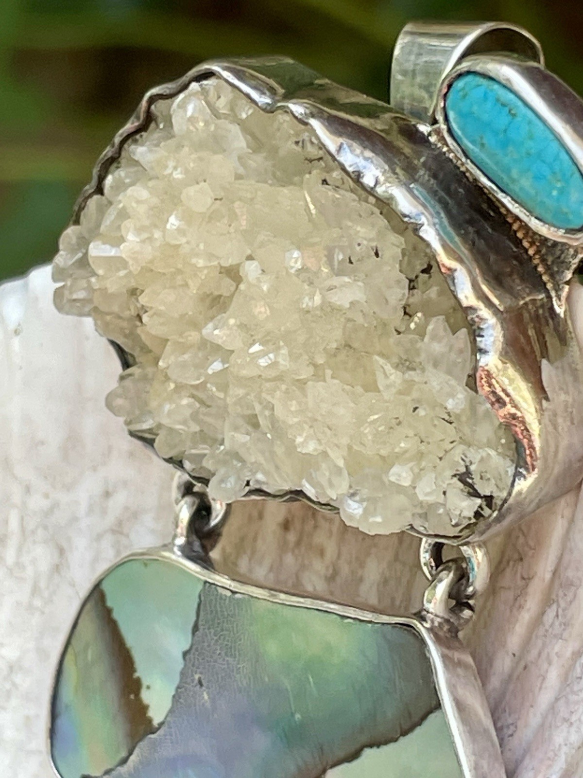 🎥Rock Crystal Rainbow Abalone Turquoise 2″ Pendant Brooch Mex Sterling Silver