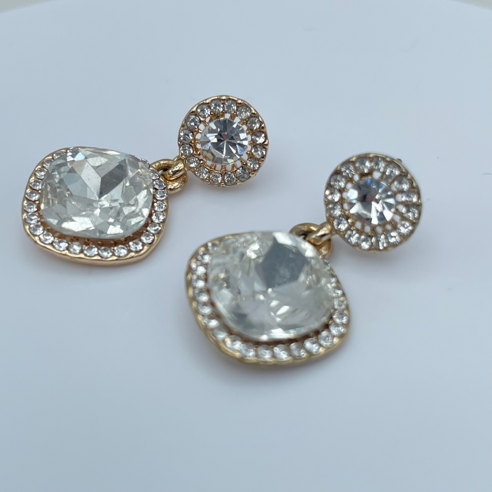 Vintage 90s Gold Tone Cushion Cut Halo Post Dangle Earrings Women’s Jewelry