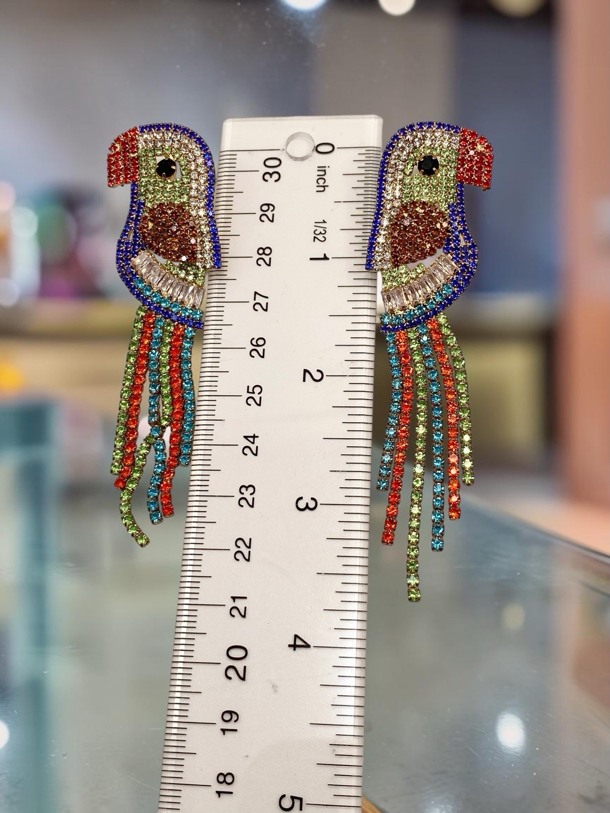 Vintage Rhinestone Parrot Macaw Gold Dangle Earrings Tropical Bird Statement
