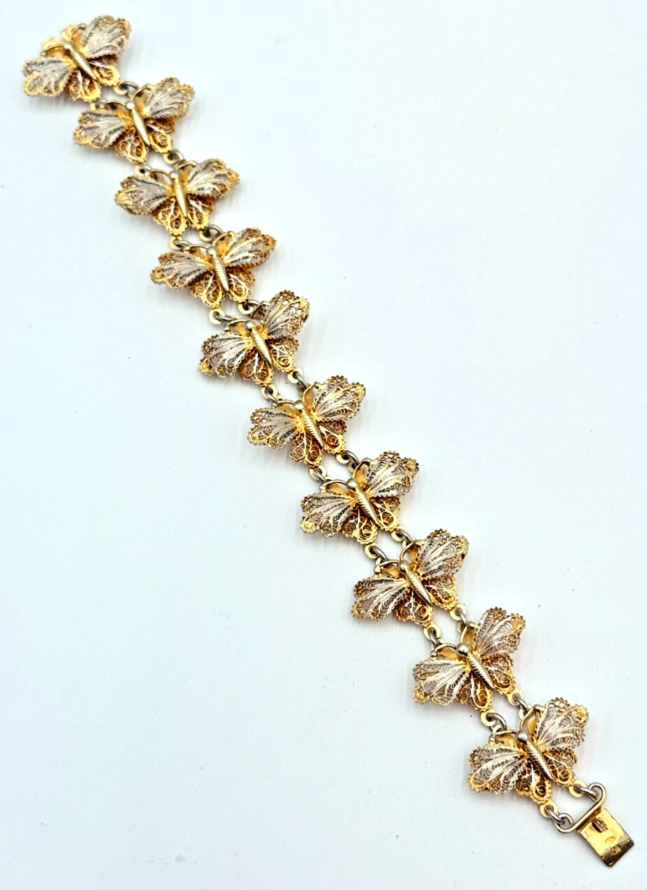 Antique 800 Silver Gold Wash Butterfly Filigree Link Bracelet & Clip On Earrings