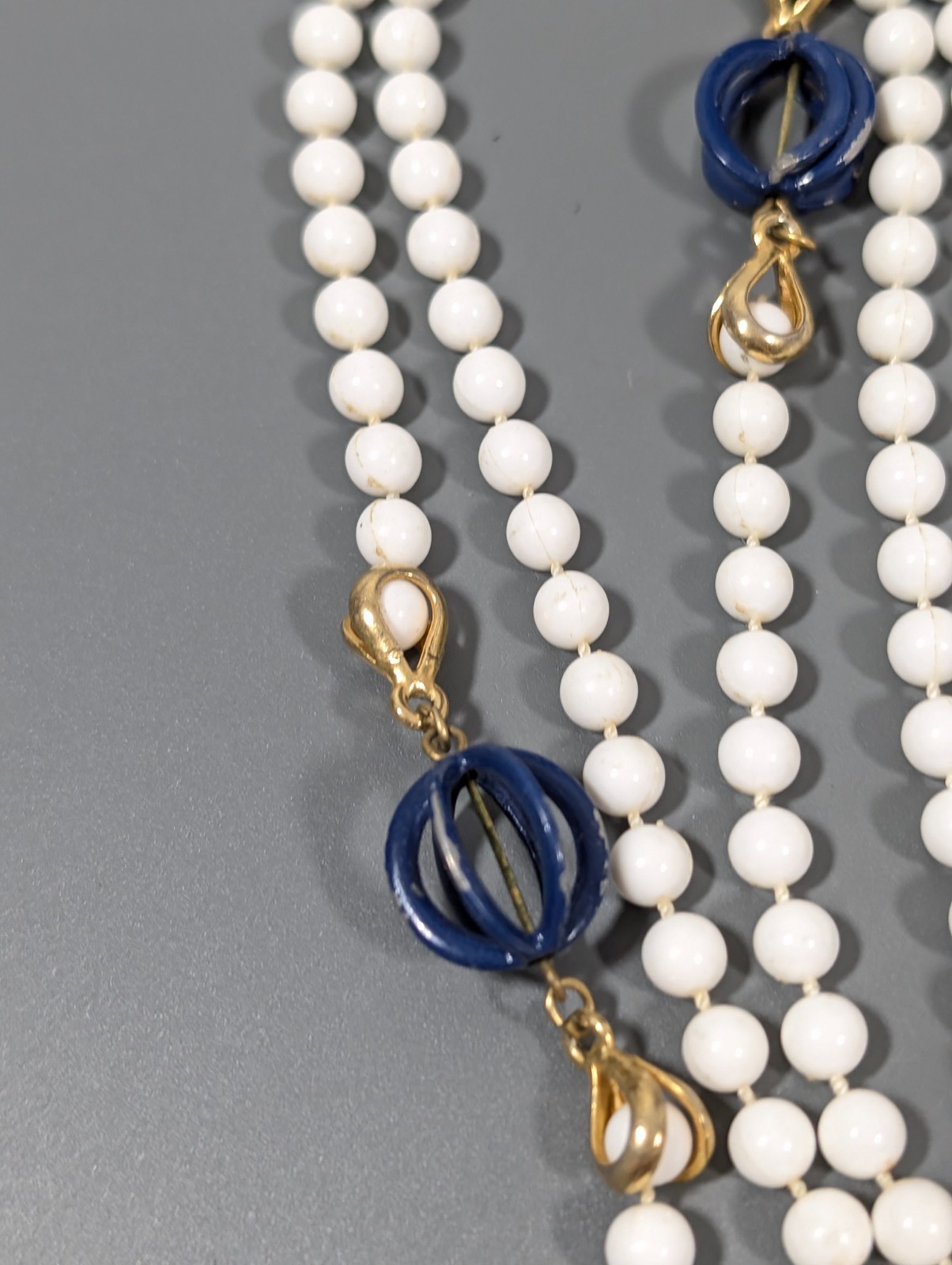 Vintage White Beaded Very Long Necklace Blue Accent Layering 54 in Opera