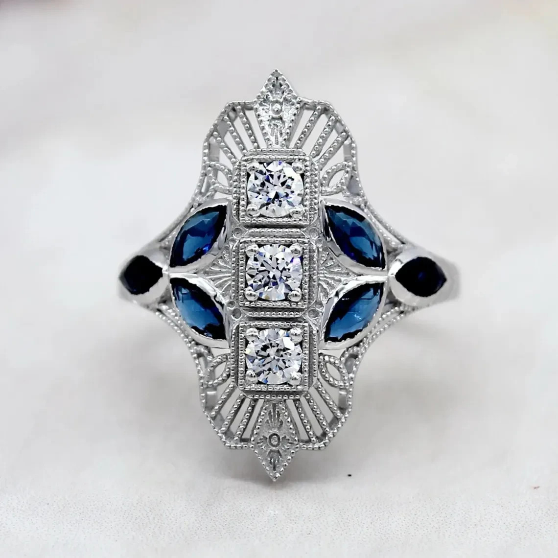 Edwardian 0.35CT Round Cut Three Stone Moissanite & Sapphire Dinner Wedding Ring