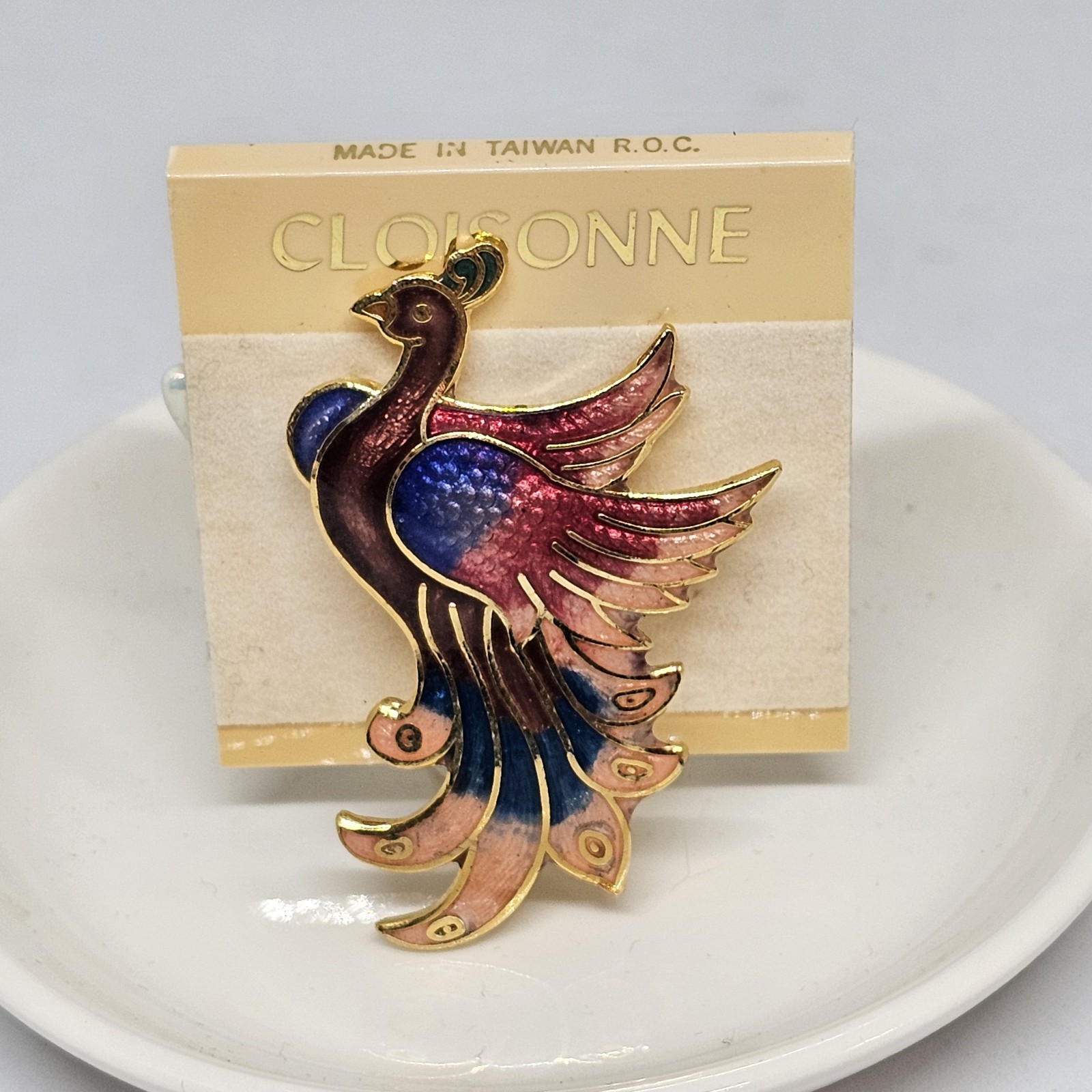 Vintage Cloisonne Enamel Bird Brooch Pin Blue Red Gold Bird