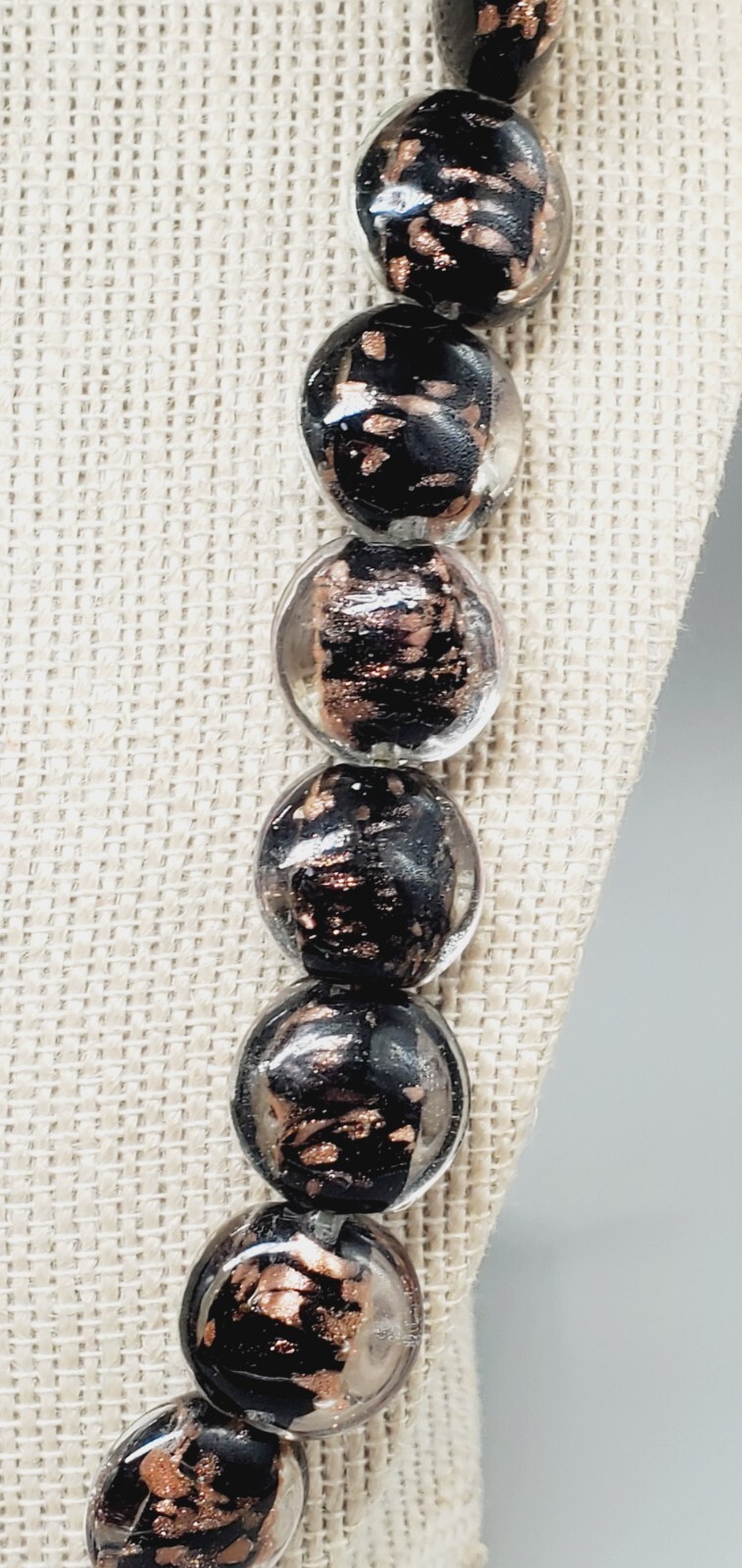 Coldwater Creek Black and Copper accented Glass, Gun Metal Necklace 36″ woo1