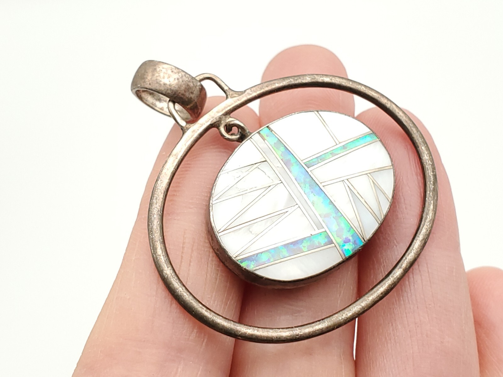 Vintage Navajo Mother of pearl Opal Inlay Native American Pendant for Necklace
