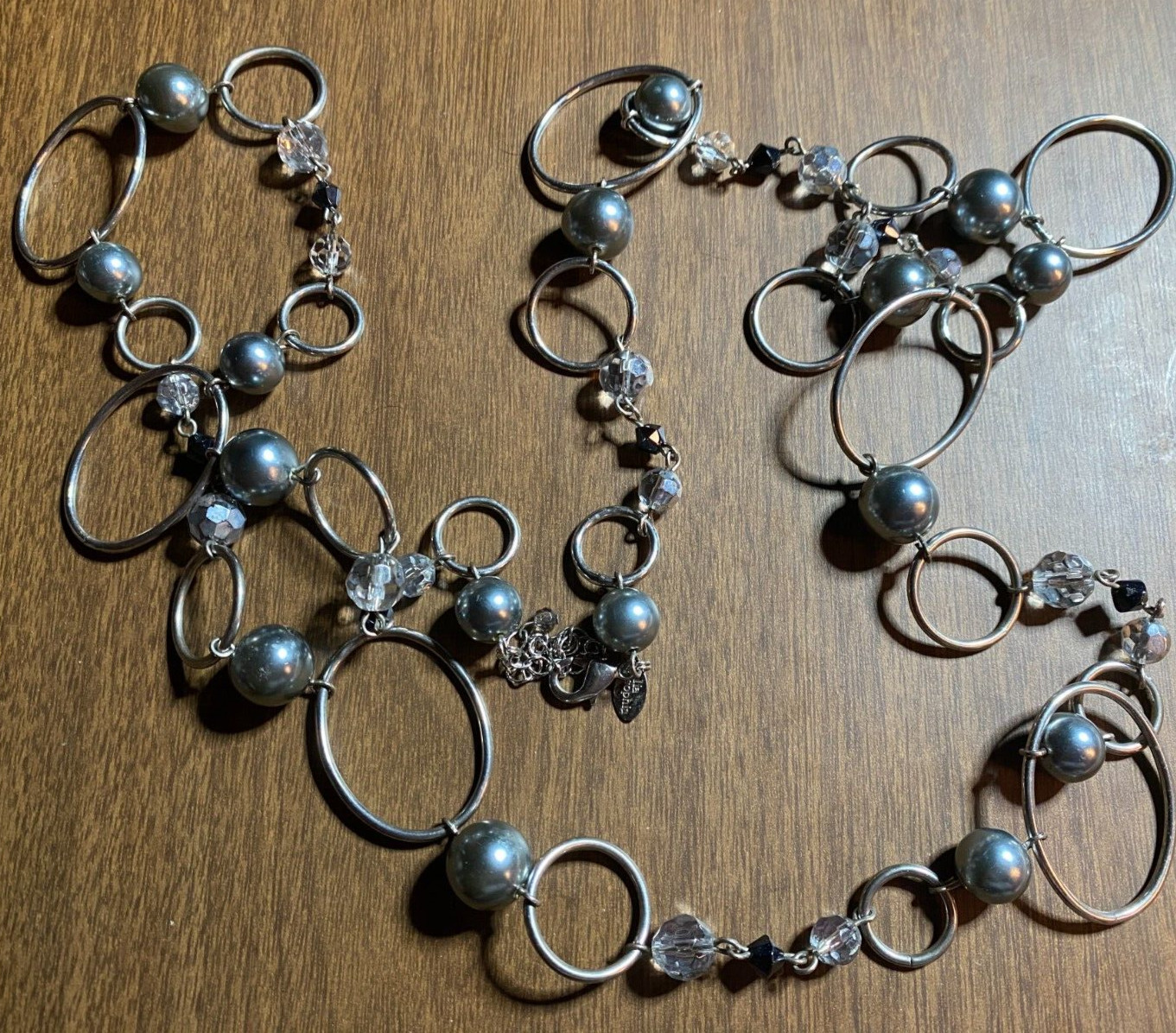 Lia Sophia Silver Tone Lucite & Crystal Acrylic Faux Black Pearl Necklace 46+”
