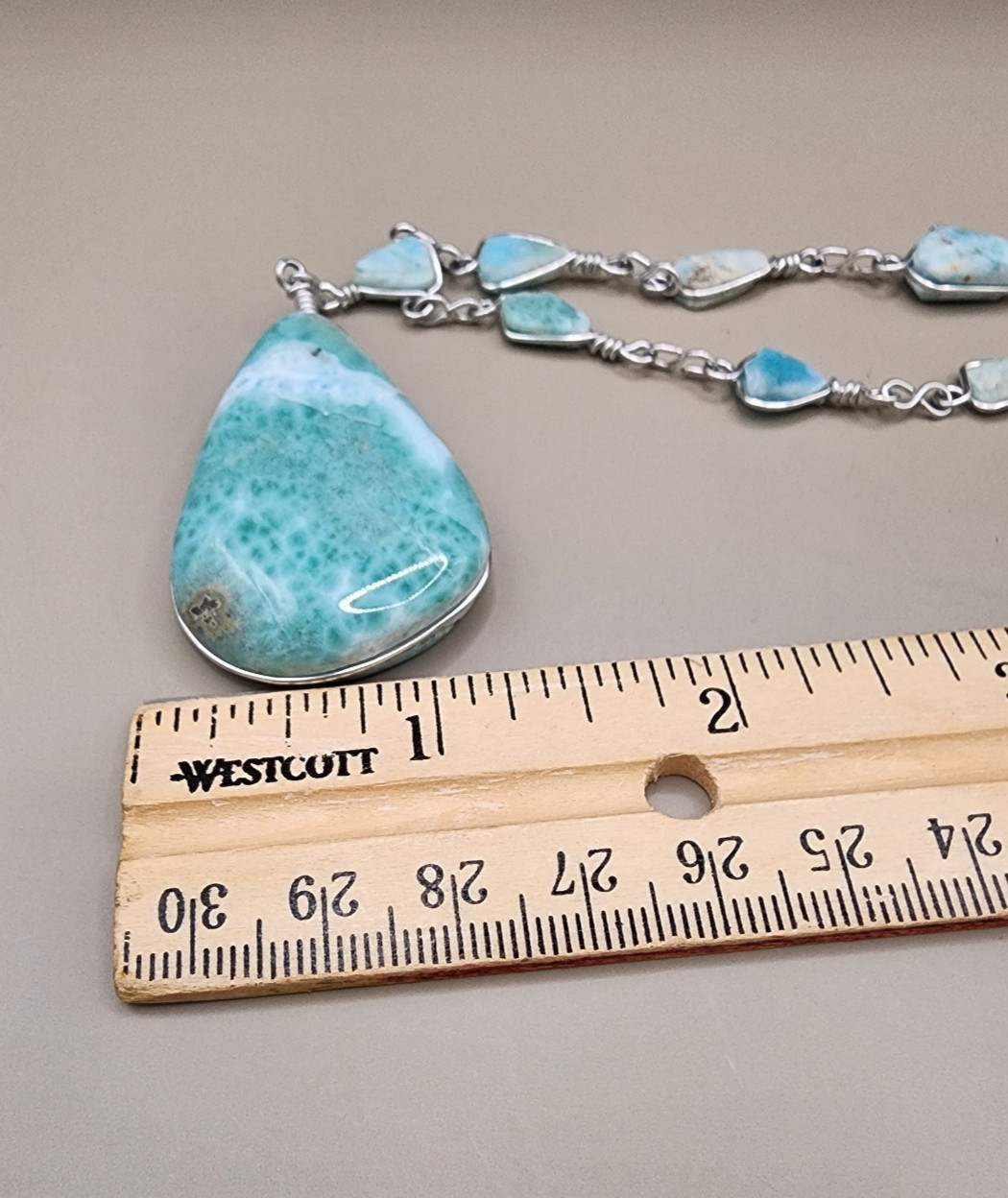 Massive Natural Larimar Teardrop Pendant Necklace Wire Wrapped Freeform Links