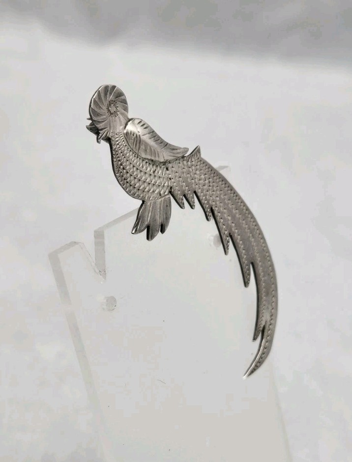 Quetzal Bird Figural 900 Silver Detailed Signed Guatemala Vintage Pin Brooch