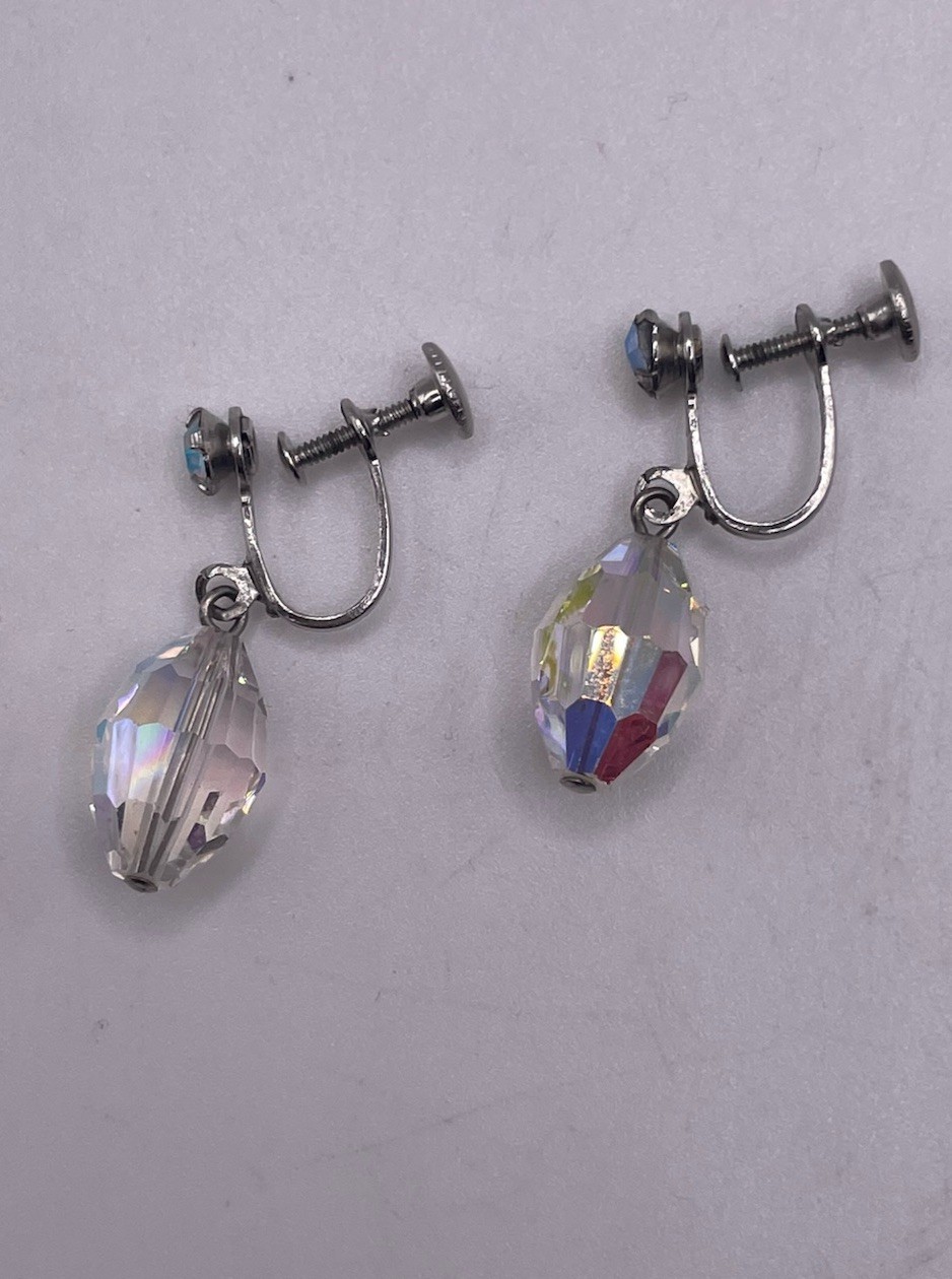 Vintage AB Aurora Borealis Faceted Crystal Drop Dangle Screw Back Earrings