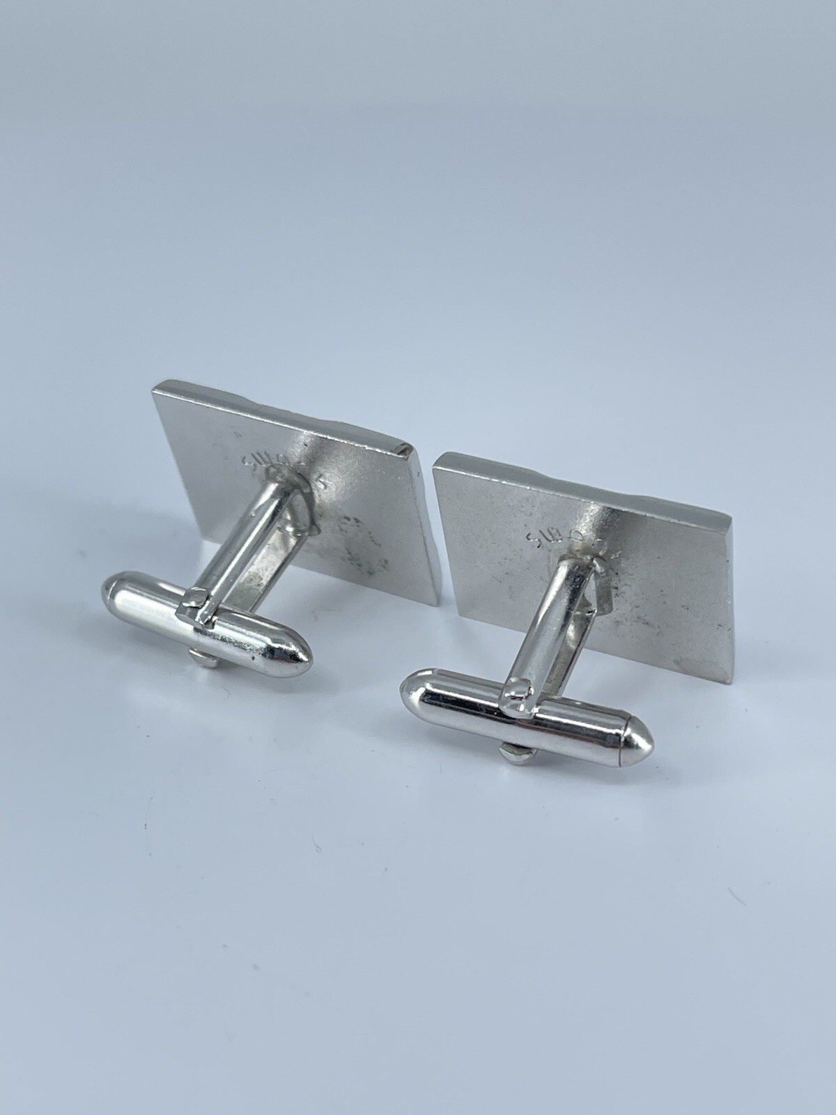 Swank rectangle cufflinks red rhinestone brushed polished silver tone