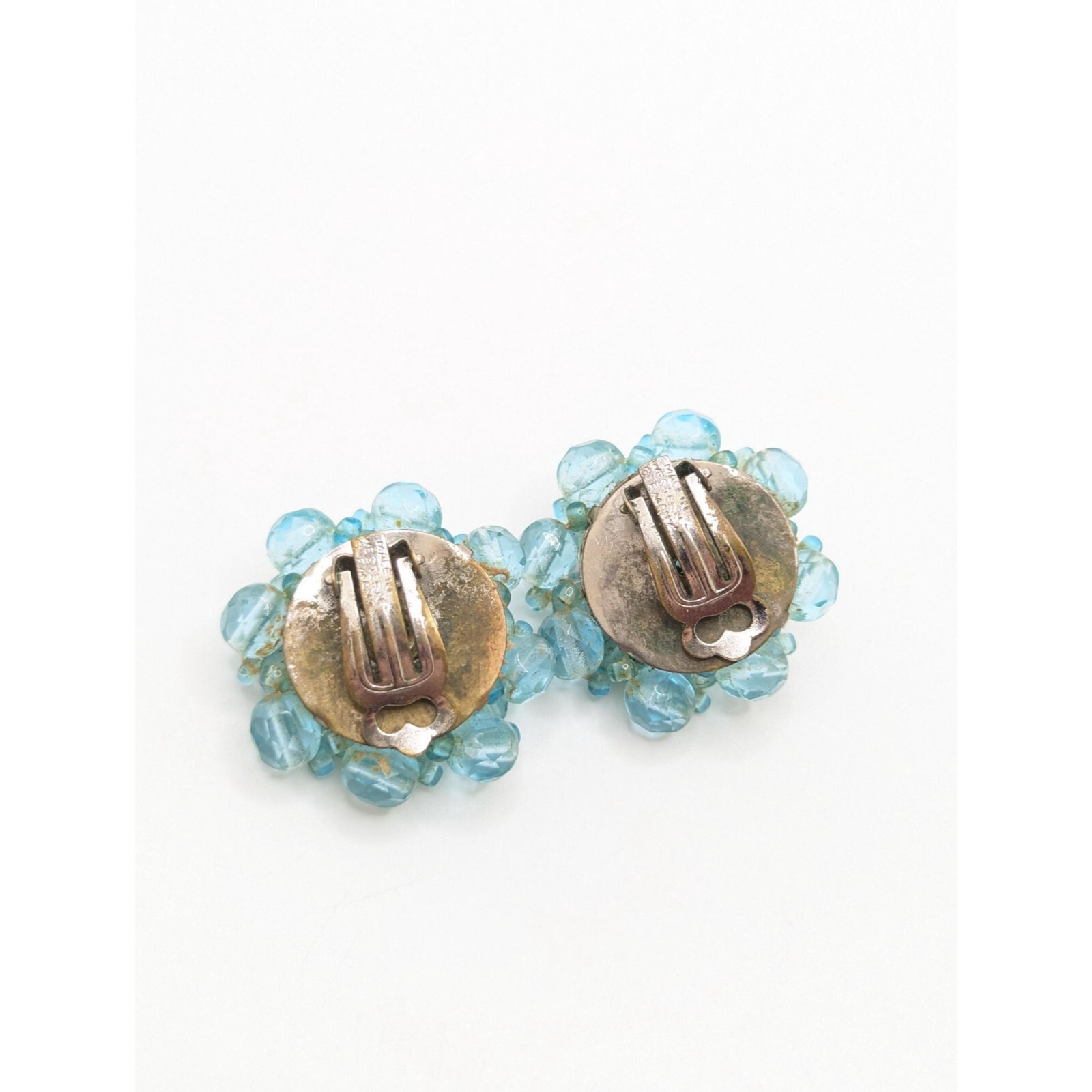 Rare Vintage Western Germany Blue Glass Beaded Clip On Earrings Something GIft