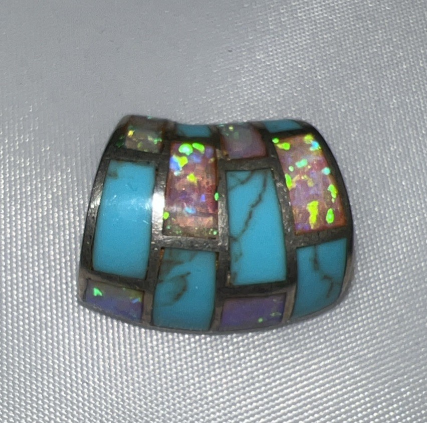 Opal and Turquoise inlaid in Sterling Silver Slide Pendant 3/4”