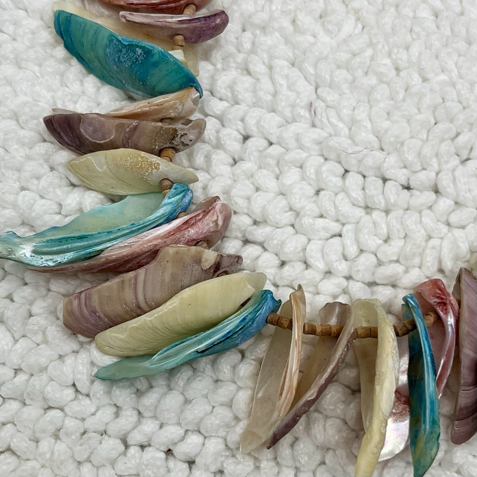 Dyed Shell Fringe Bib Necklace Multicolor Teal Mauve Ivory Beach Boho 14″