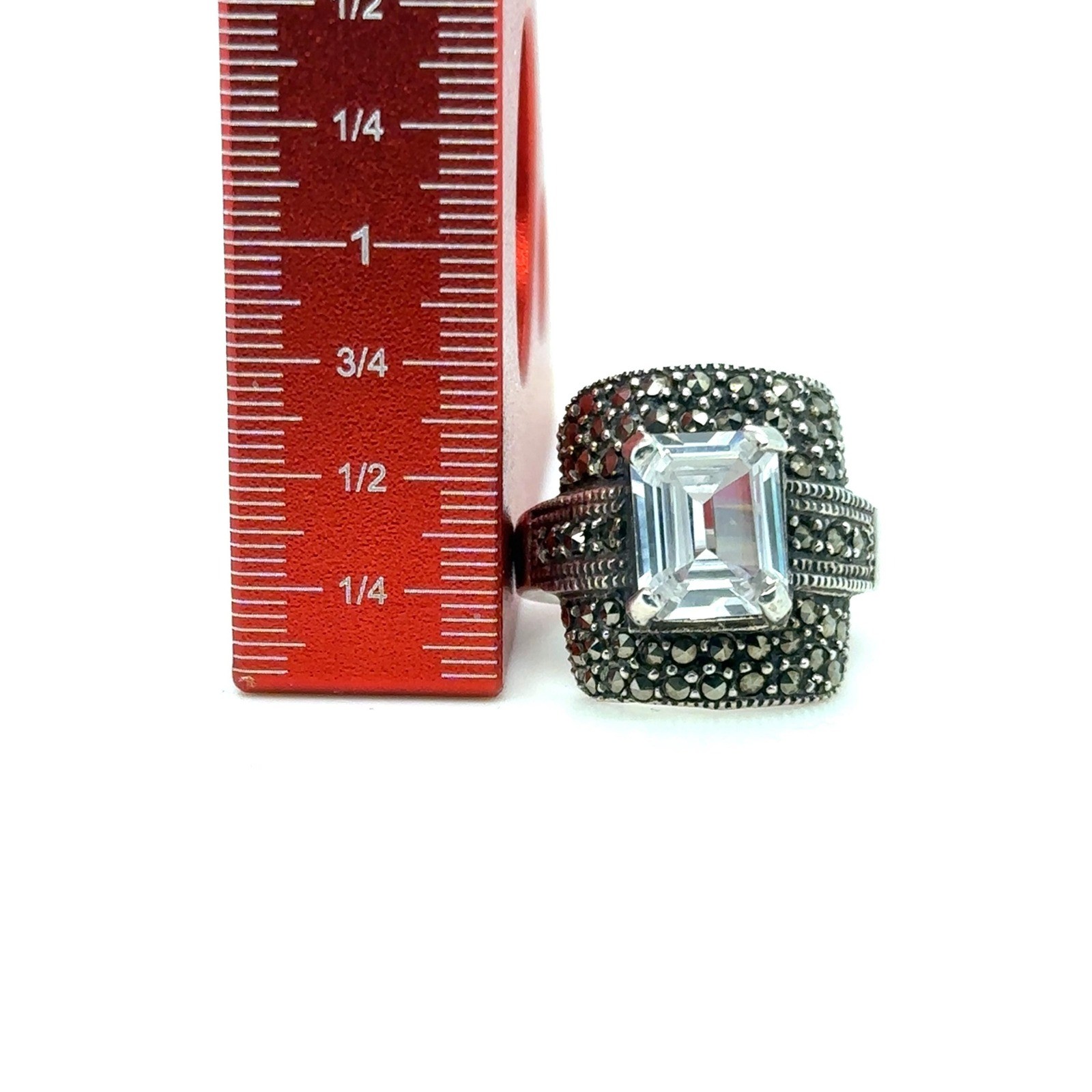 Emerald Cut CZ and Marcasite Sterling Silver Engagement Ring – Size 7.5