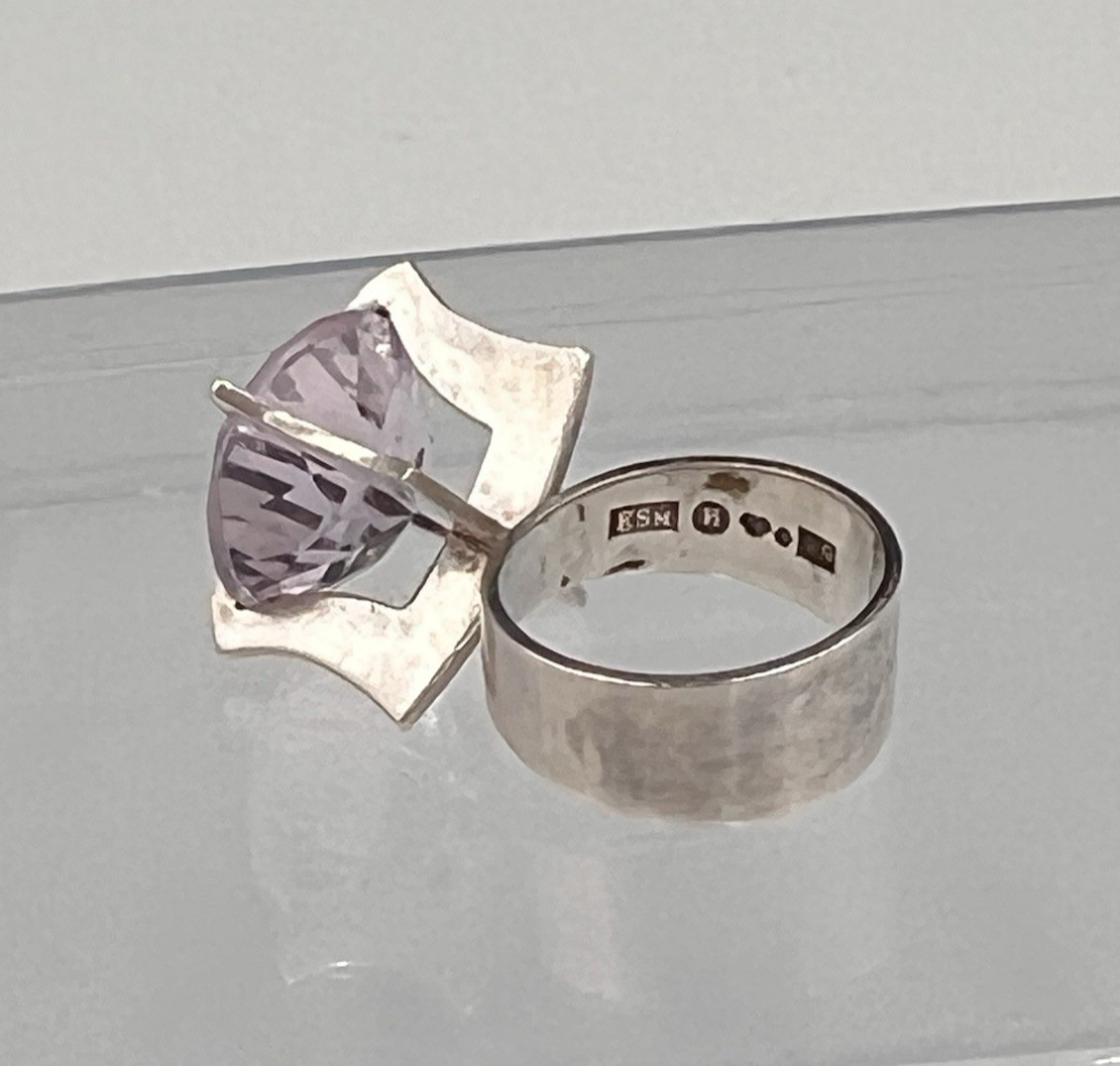 Vtg Svedboms Swedish Sterling Amethyst Ring, Modernist Sculptural, 8g, Sz 5.5