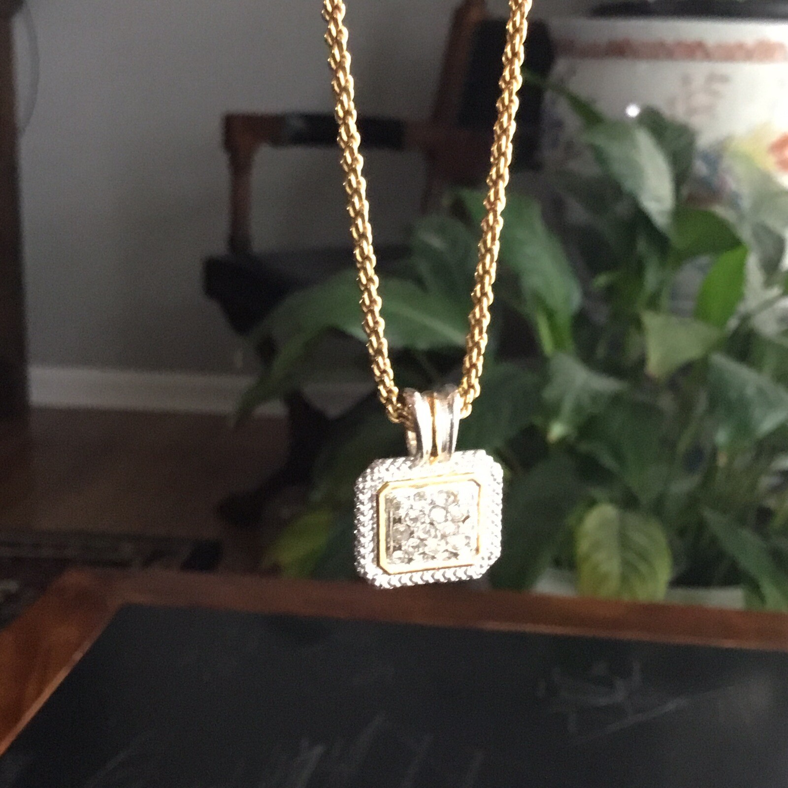 Signed Avon Silver & Gold Tone Square Rhinestone Paved Pendant On Popcorn Chain