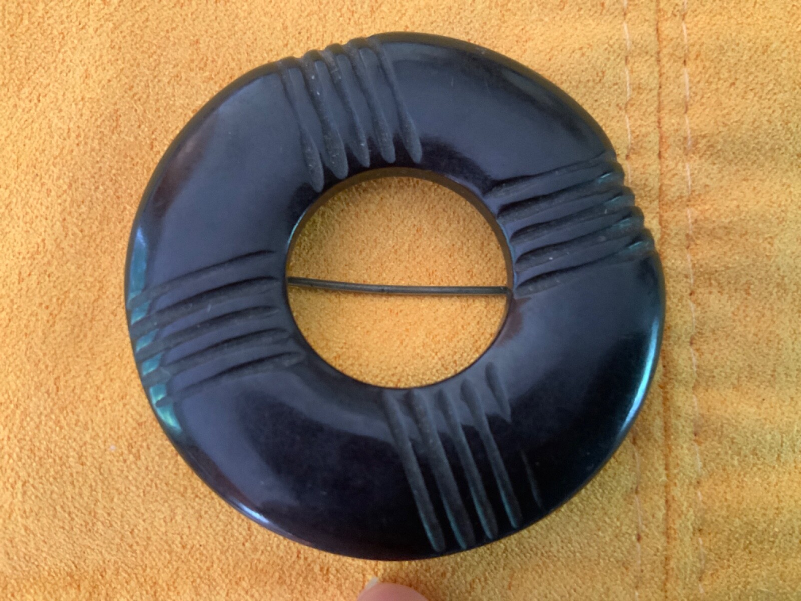 Vintage Bakelite Black Carved Circle Pin- Almost 2” Diameter