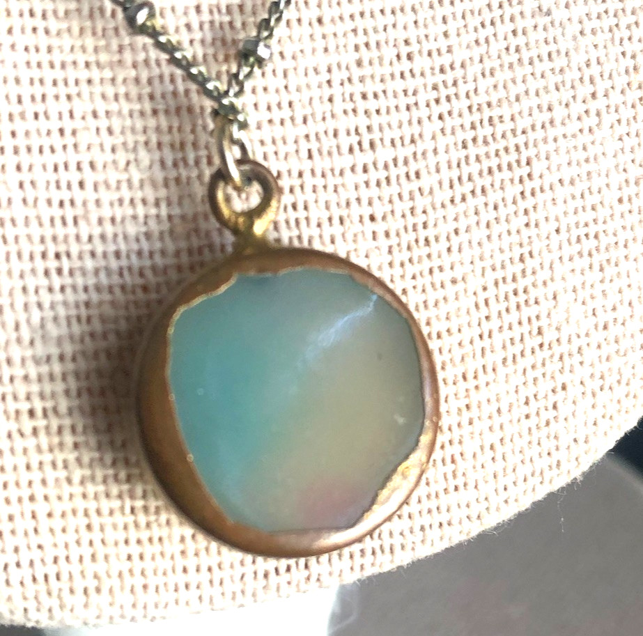 Pale Blue Druzy Quartz PENDANT CHAIN NECKLACE 34″ Silver Tone & Gold T Bezel VTG