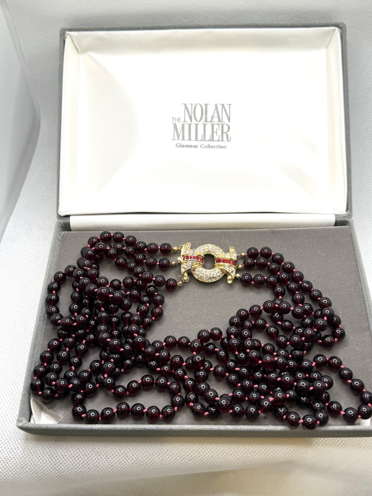 NOLAN MILLER Glamour Collection 3 Strand Bordeaux Glass Garnet Necklace 30”