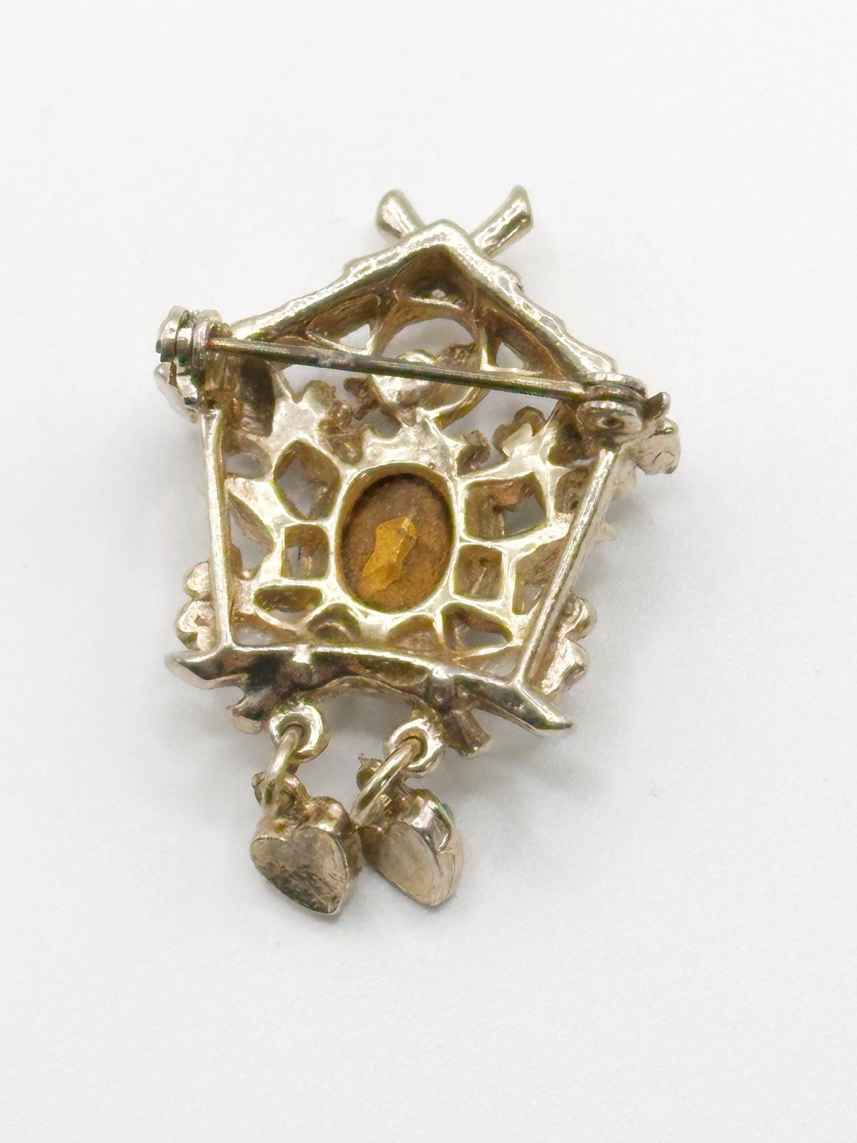 Vintage Unsigned CORO Cuckoo Clock Pin Green Glass Pastel Rhinestones