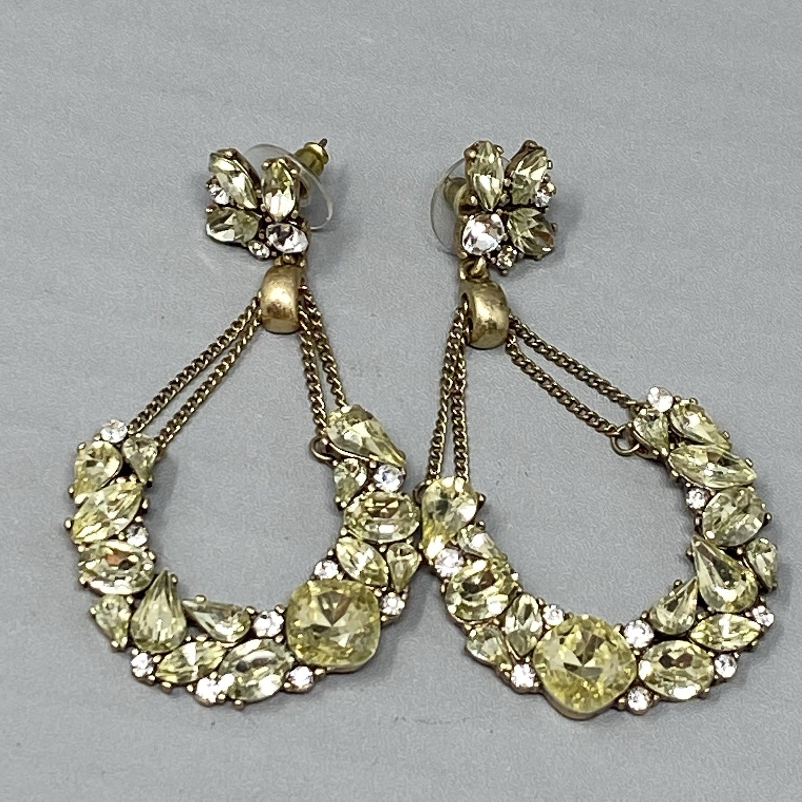 Rhinestone Earrings Chandier Dangle Drop Hoop Yellow Glass Pave Pierced 2.5″