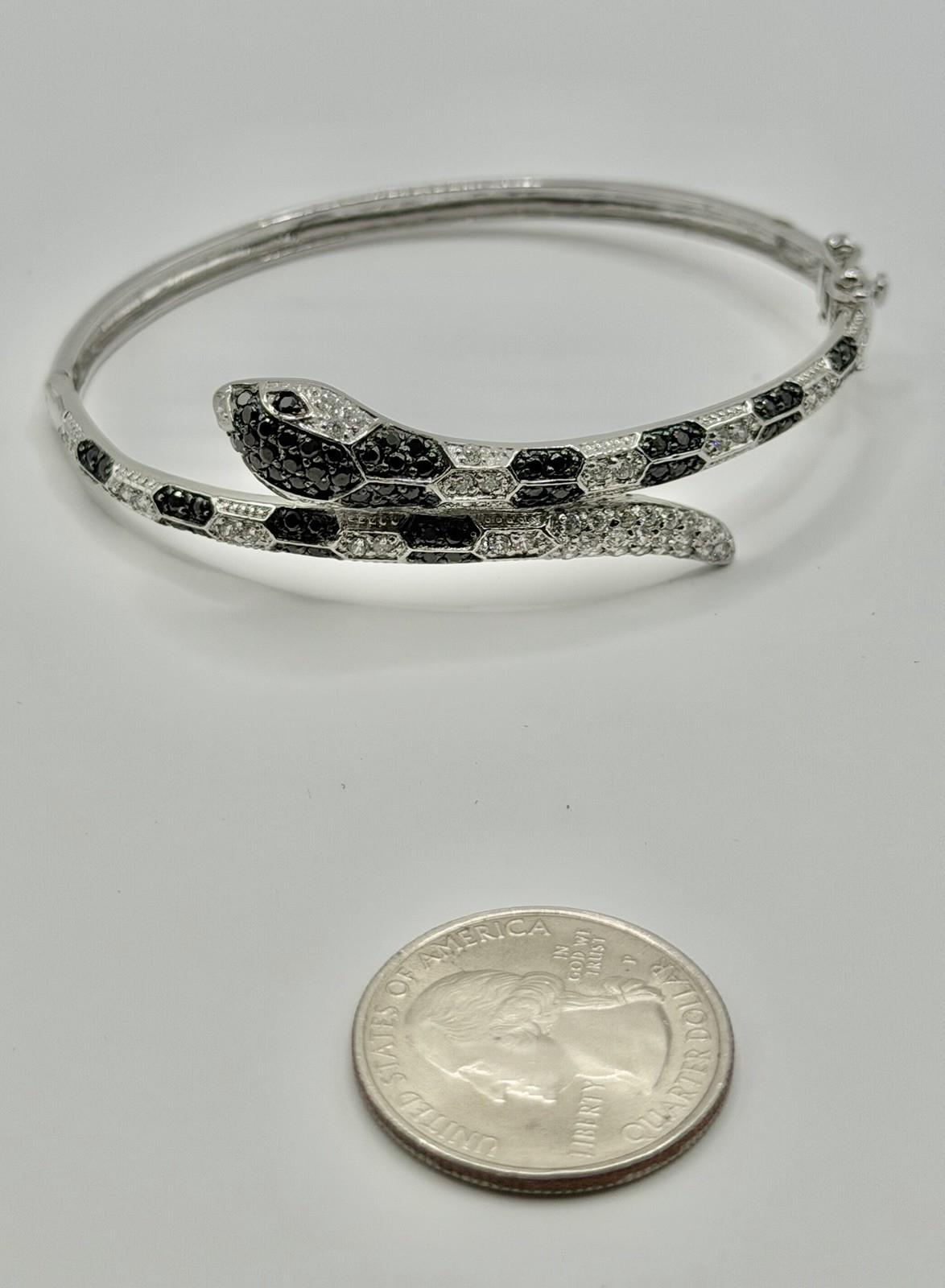 Vintage Black & Clear Crystal Hinged SNAKE Sterling Bangle Bracelet 7 3/4”