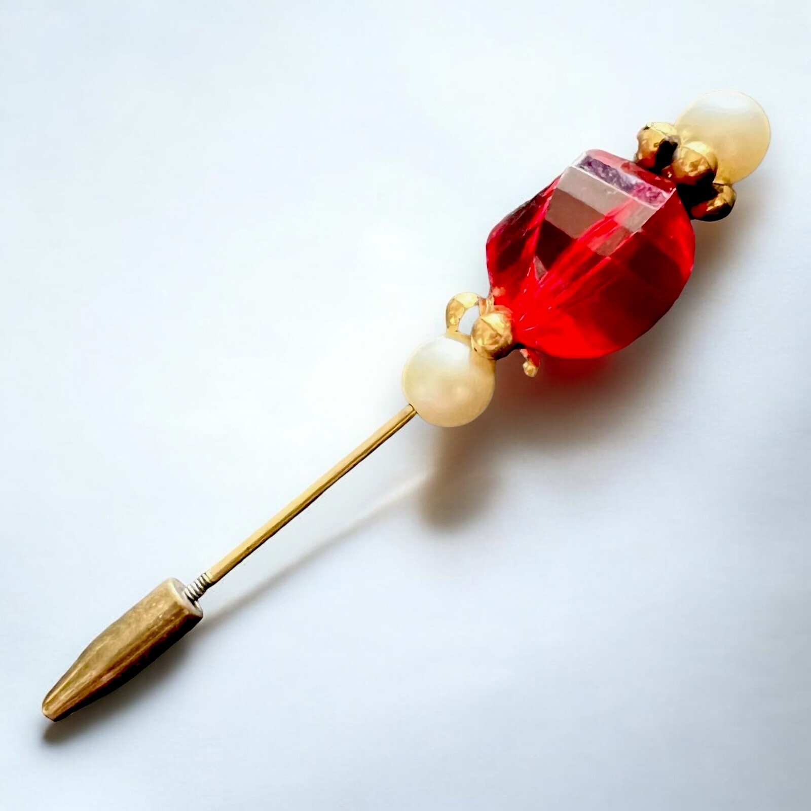 Red Lucite Hat Pin Gold Tone Pearl Art Deco Hat Accessory Vintage Screw Base