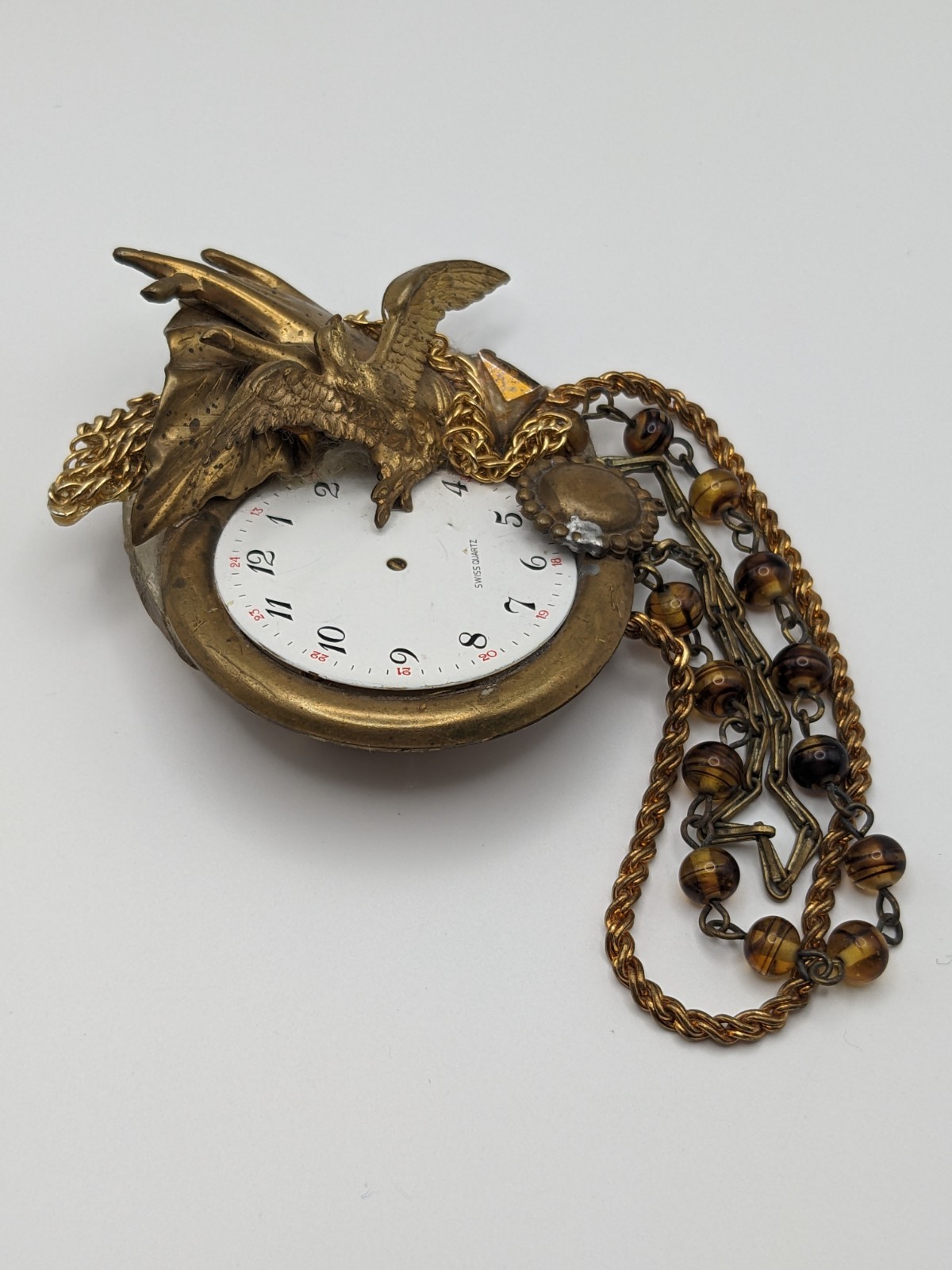 Steampunk John Wind MAXIMAL ART Brooch — Watch Face, Eagle, Hand, Leaf