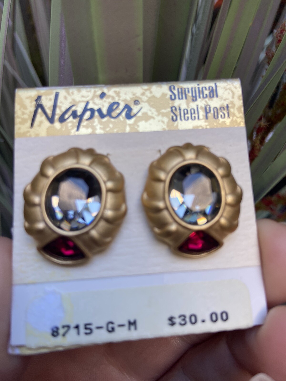Vintage NAPIER Ruby Smokey Topaz Faceted Crystals Earrings Brushed Gold Art Deco