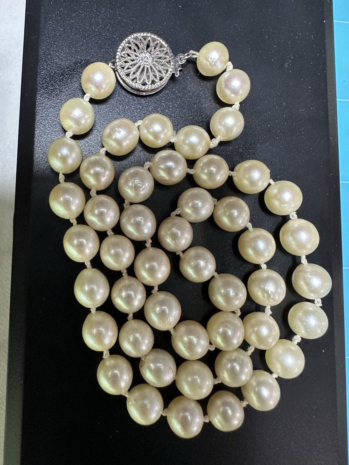 VTG Genuine Cultured 7mm Pearl Necklace W Signed 14K Gold Clasp 17.5” 27.39g
