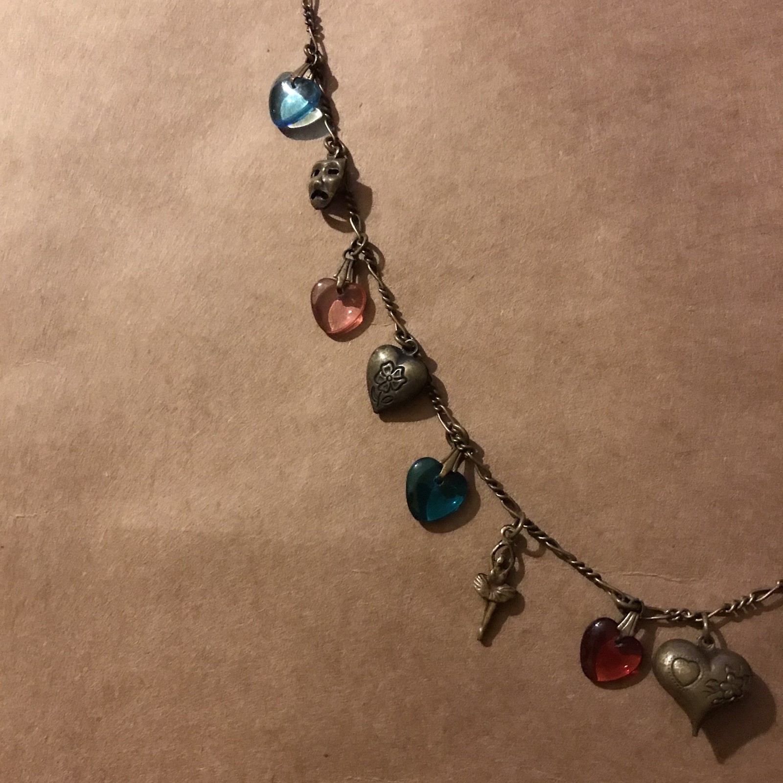 Vintage Glass Works Studio Charm Necklace Brass With Glass Hearts & brass Charms