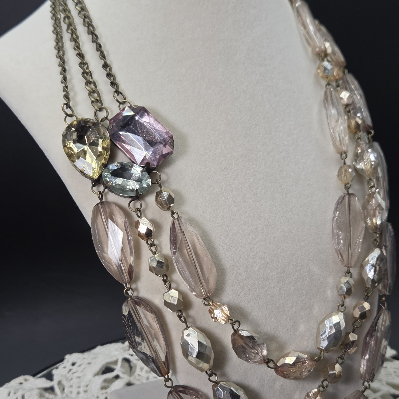Fabulous Vintage Faceted Lucite Multistrand Statement Necklace Pastel Large Gems