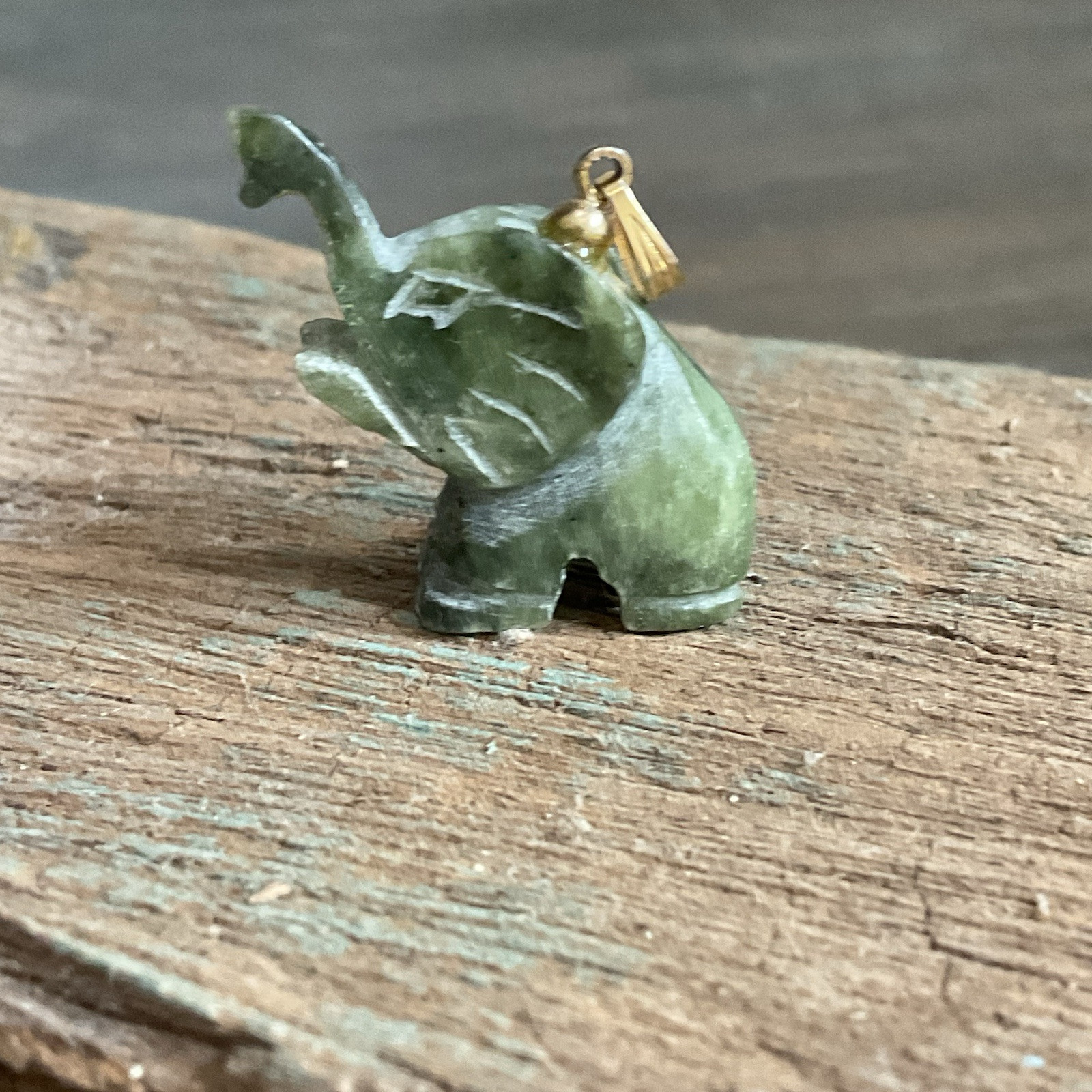 Vintage Hand Carved Genuine Nephrite Jade Elephant Pendant Charm 14k Gold Bail