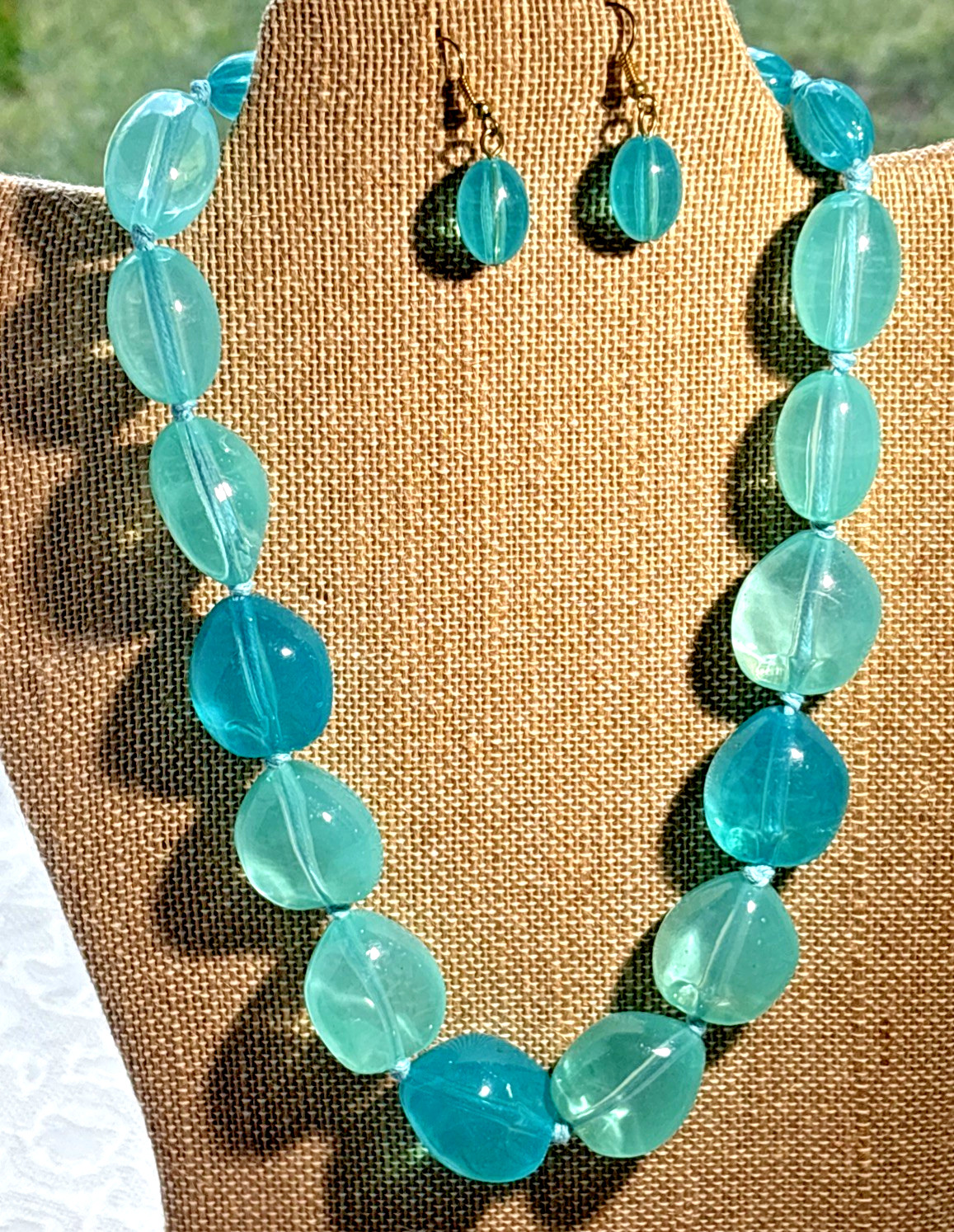 VINTAGE Aqua Blue Acrylic Lucite BEAD NECKLACE 17” Choker, Pierced Earrings Set