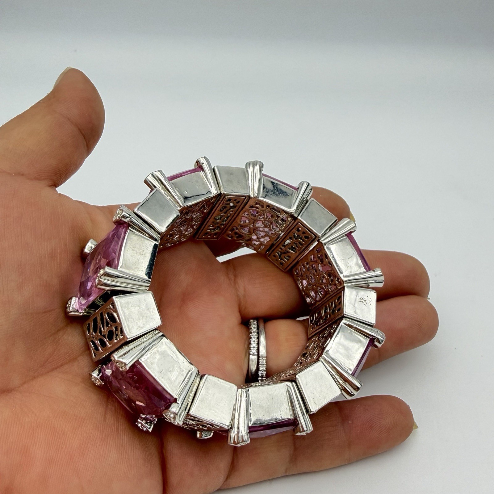 Vtg Crystal Bracelet Pink Glass Statement Heavy Chunky Unsigned Designer