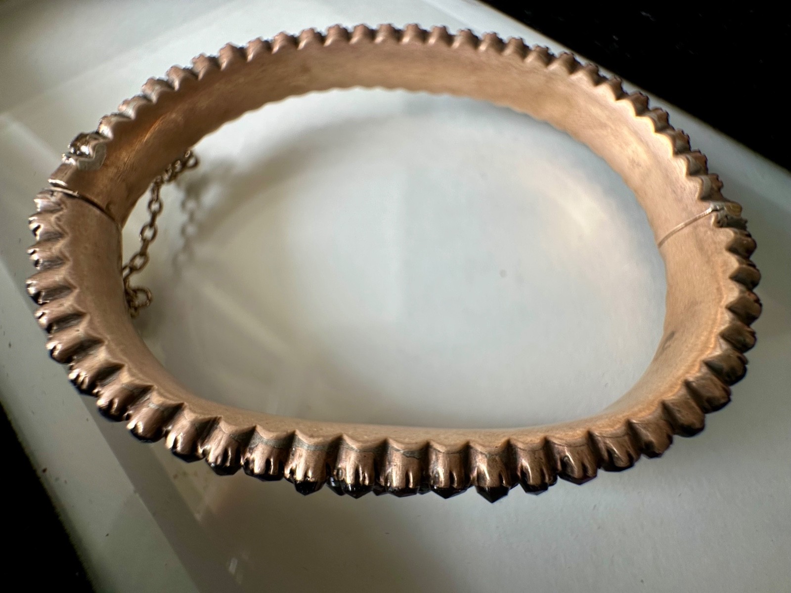Antique rose cut Garnet & Silver bangle Hinged w/safety chain (see cond.)