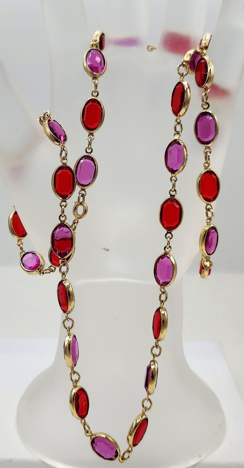 Vintage Bezel Set Oval Fuchsia Pink & Red Crystal Opera Length Necklace 29″ Long