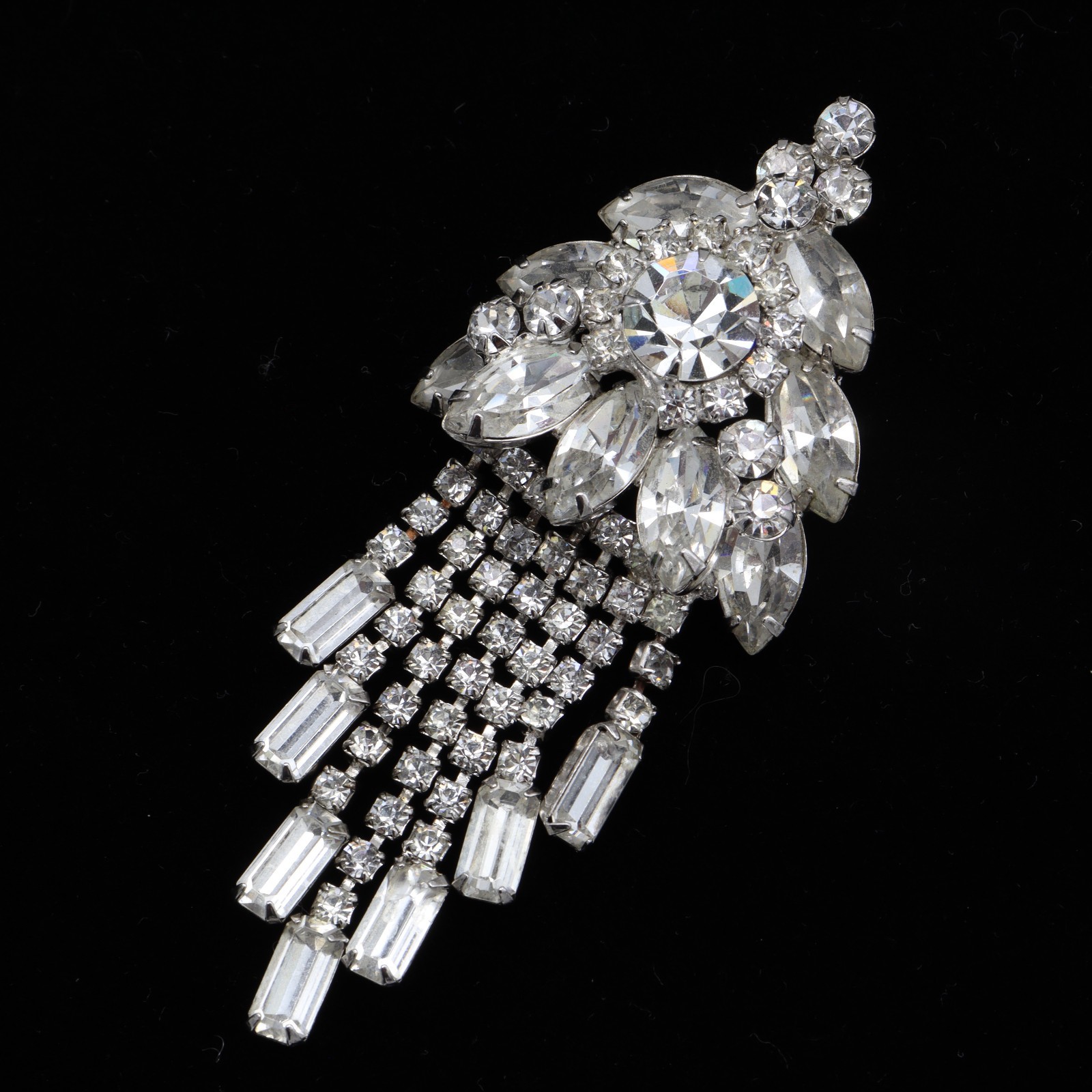 Vtg Juliana D&E Clear Rhinestone Brooch Pendant Dangle Fringe Pin Layered
