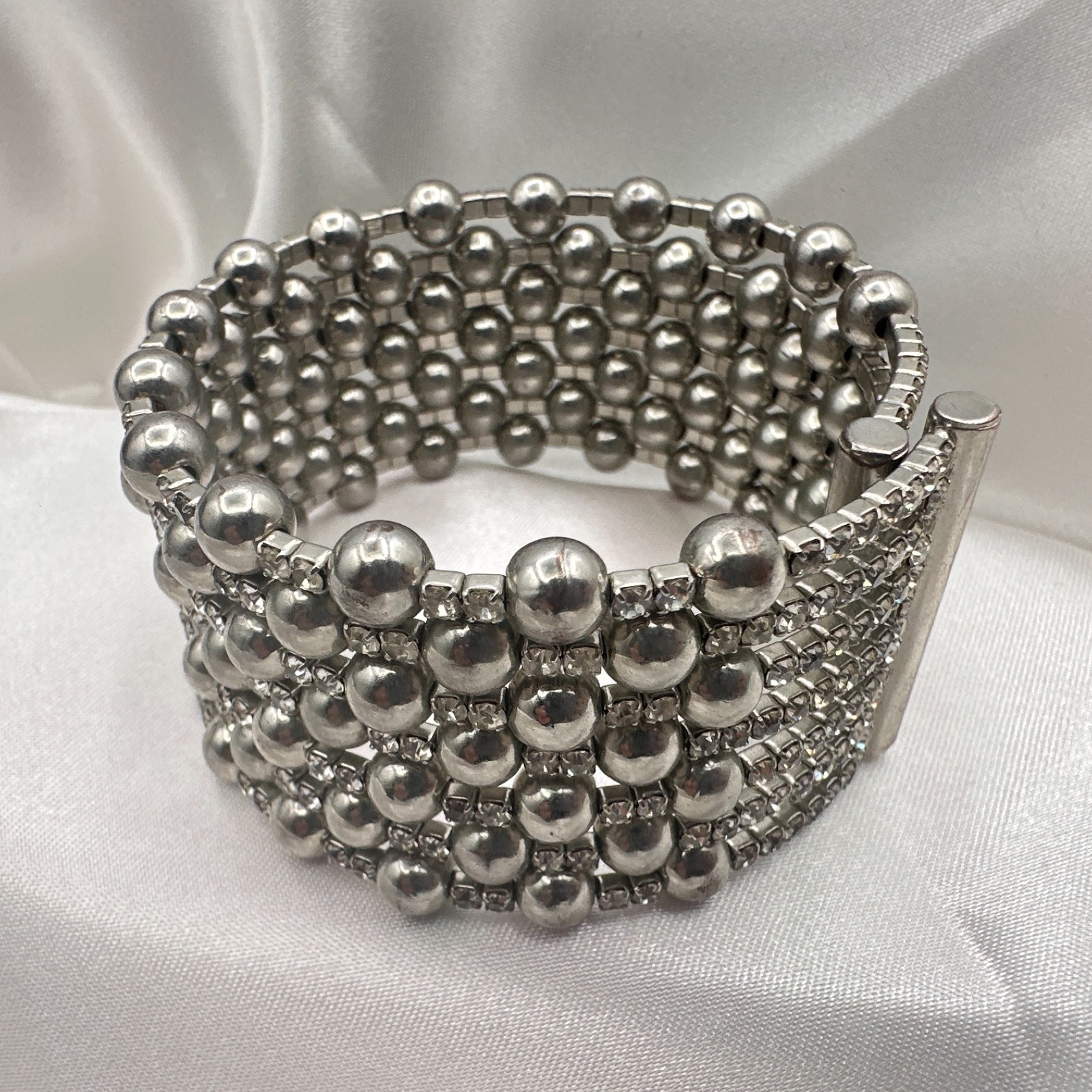 Vintage 90s Silver Tone Multi Row Bead Clear Glass Wide Cuff Statement Bracelet