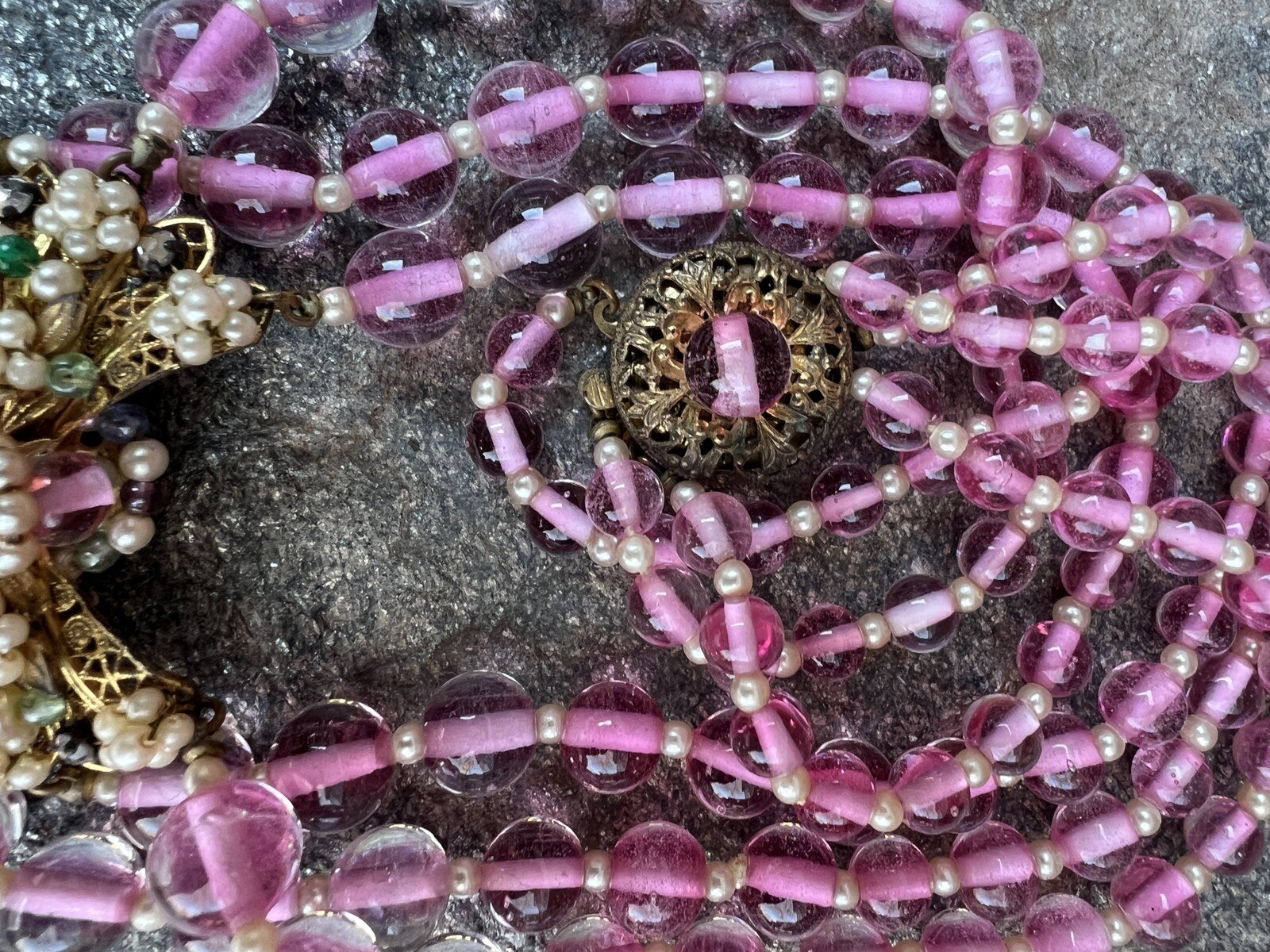 Early Miriam Haskell 3 Strand Pink Glass Festoon Necklace Faux Pearl Rose Monteé