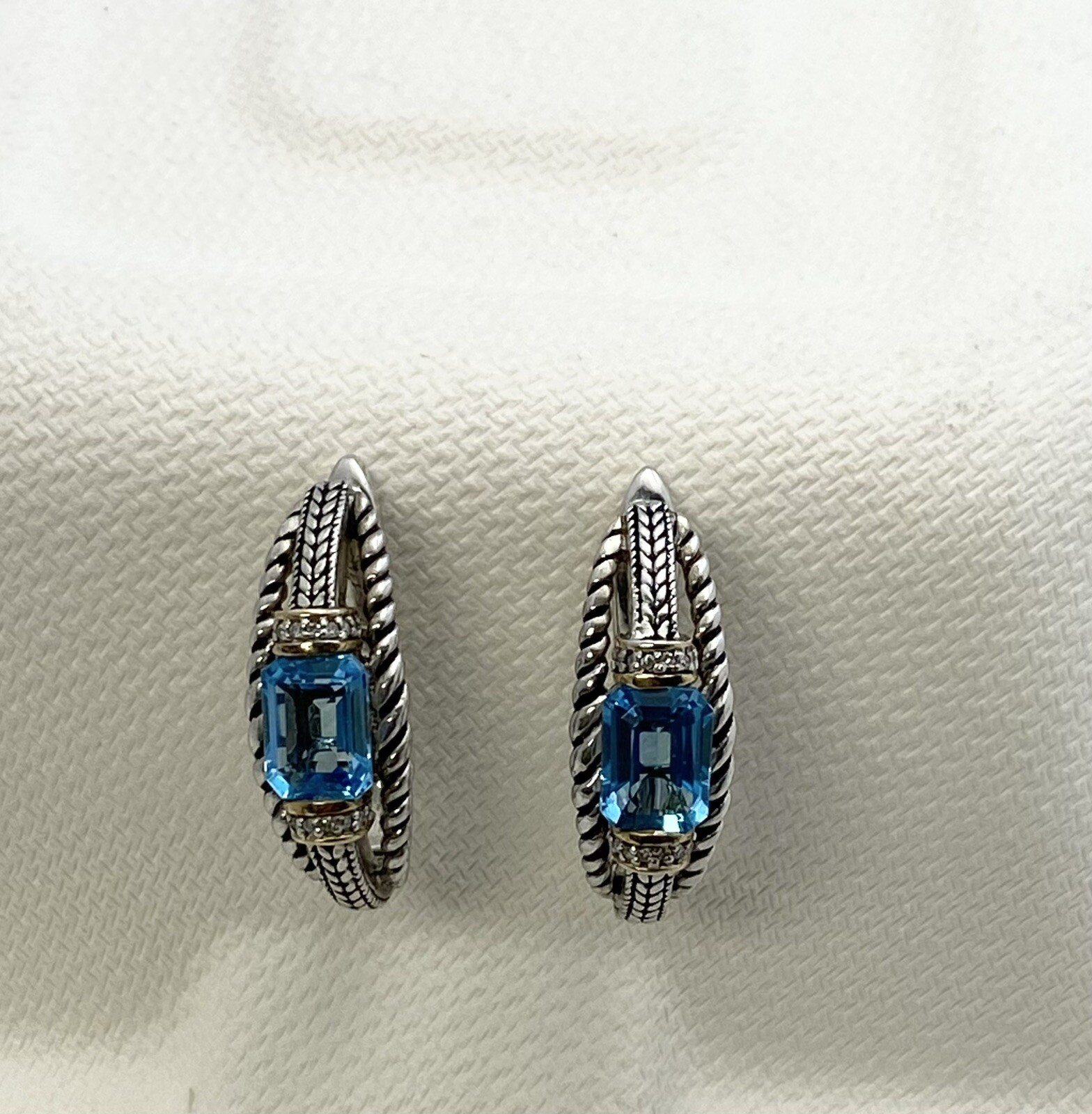 Sterling Silver 14k Earrings w/ Aquamarine like Stone & Crystals Mark AJ 1”