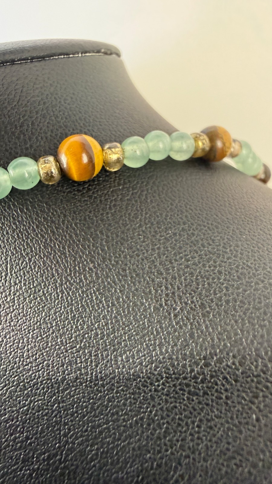 Green Aventurine & Tiger’s Eye Beaded Necklace | Carved Stone Frog Pendant 18″