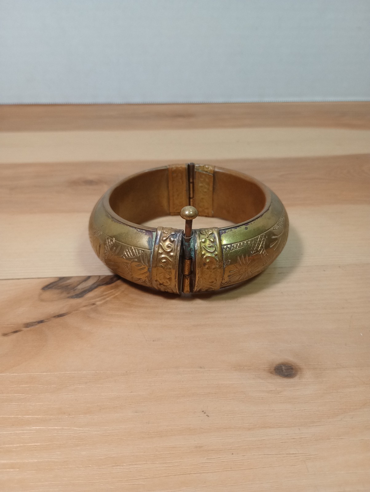 Vintage hinged brass bangle bracelet with etchings/ pin closure Morocco Or India