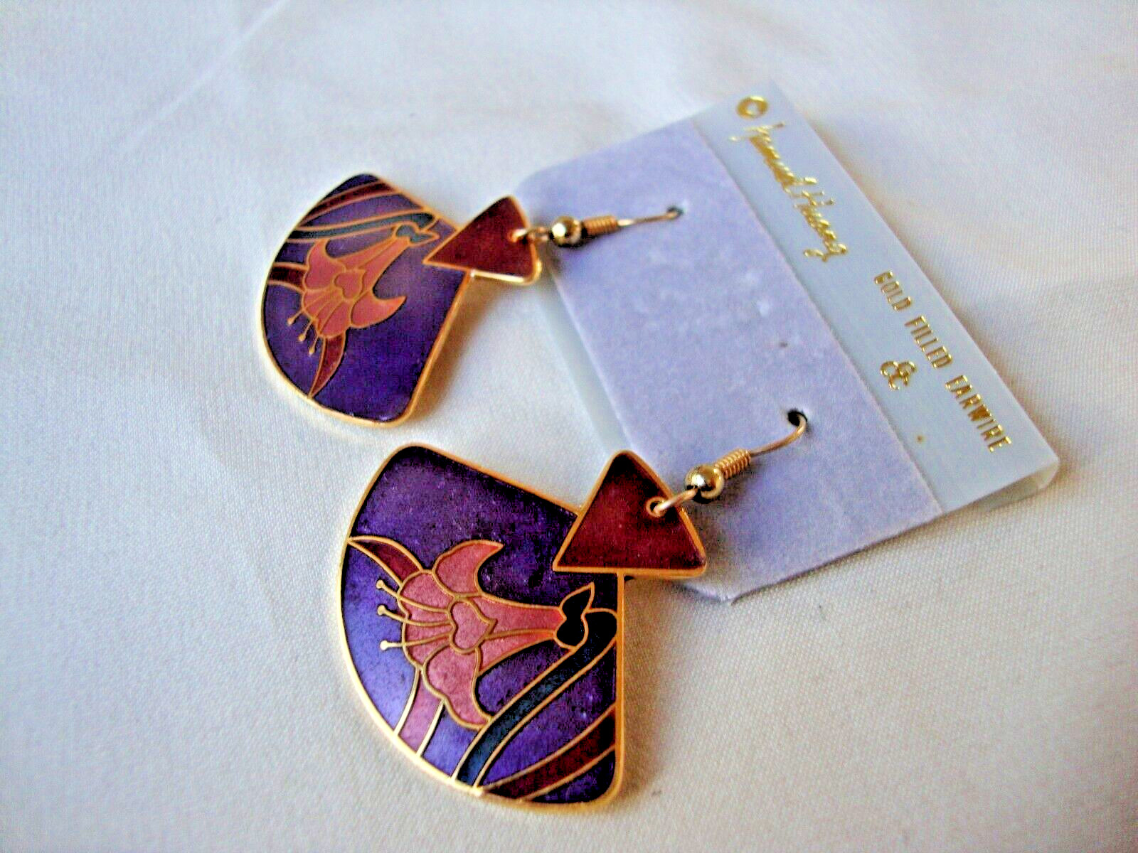 VINTAGE SAMUEL HUANG DESIGNER CLOISONNE LILLY PINK RED GREEN & PURPLE EARRINGS