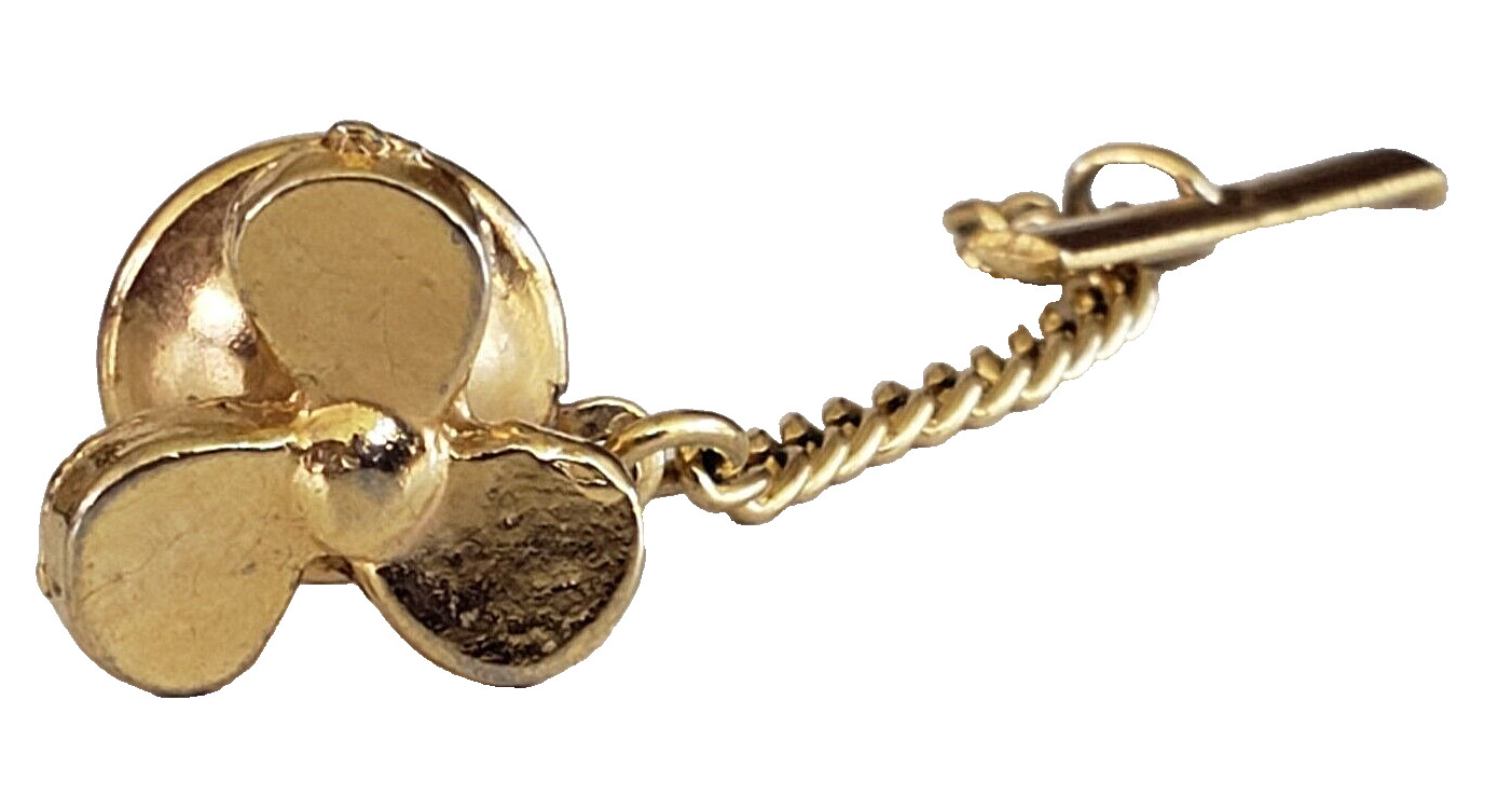 Vintage 3 Propeller Blade Fan Gold Tone Lapel Tie Pin 7/16″ w/ Safety Chain