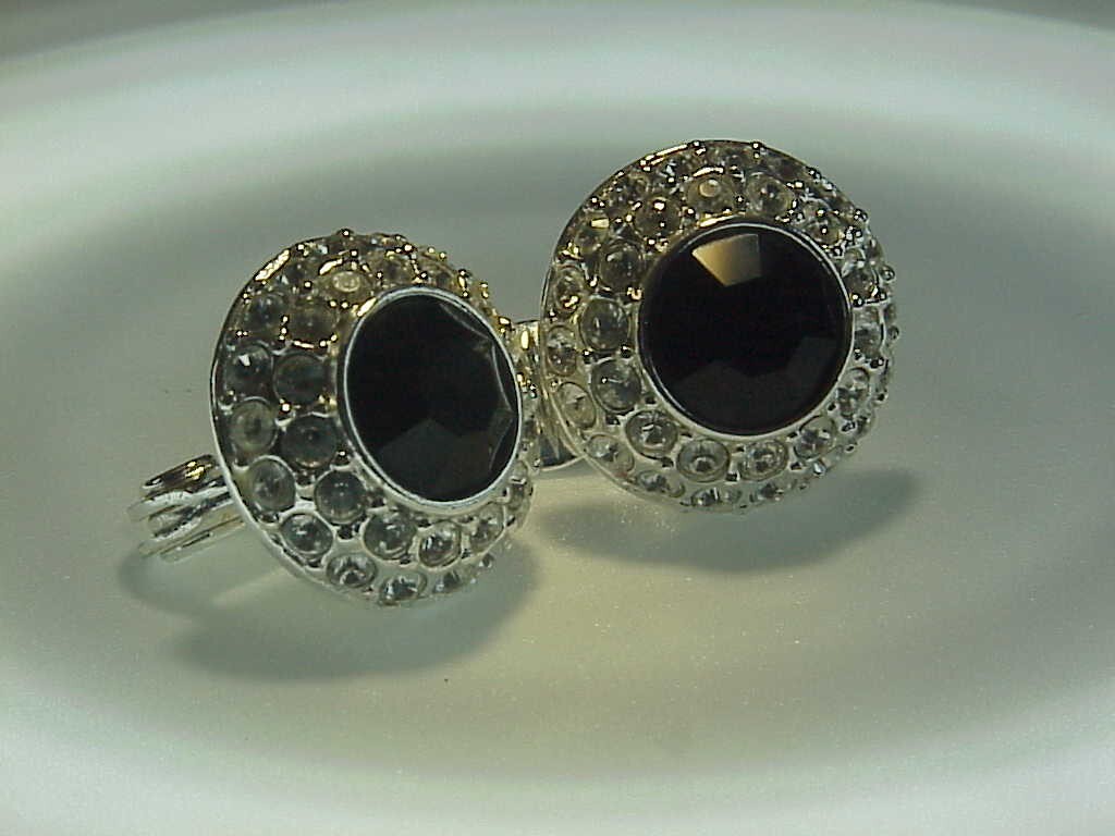 Vintage signed Monet silver tone faceted black glass with white rhinestones earr